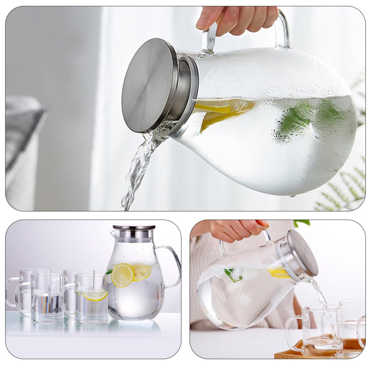 SHINEOFI Jarra de Agua de Vidrio de 2000 Ml Tapa Antigoteo Hervidor de Bebidas Multiusos Hogar Botella Práctica para Jugo y Agua Fría