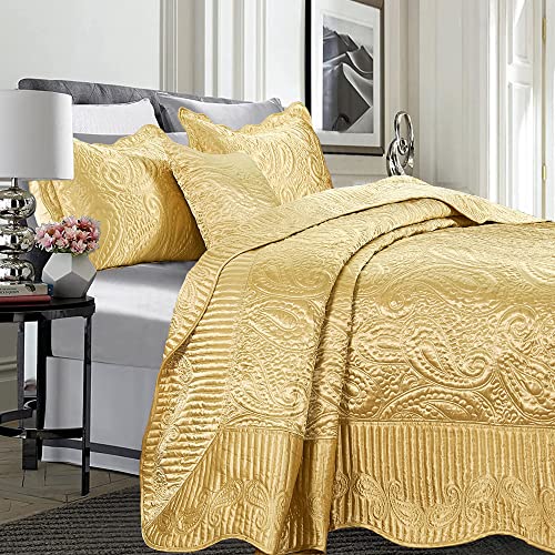 Home Soft Things Quilted Satin 4 Piece Bedspread Set, Paisley Design Bed Cover, Soft Lightweight Bedding Set For All Season, Embroidered Coverlet, Oversized Queen, Gold (110" X 120") #TOP3
