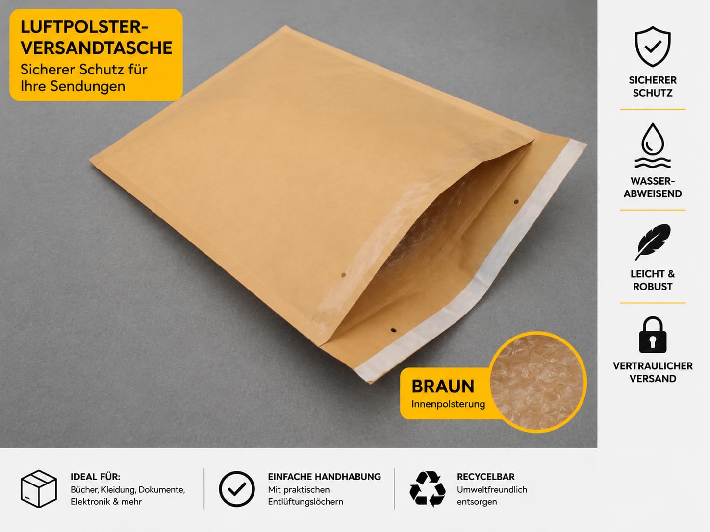 800 Luftpolsterversandtaschen Gr. A/1 Braun (120 x 175 mm) DIN A6 – Gepolsterte Versandtaschen mit Luftpolsterfolie, Reißfest & Sicher für Versand von Dokumenten, Schmuck und Kleinteilen