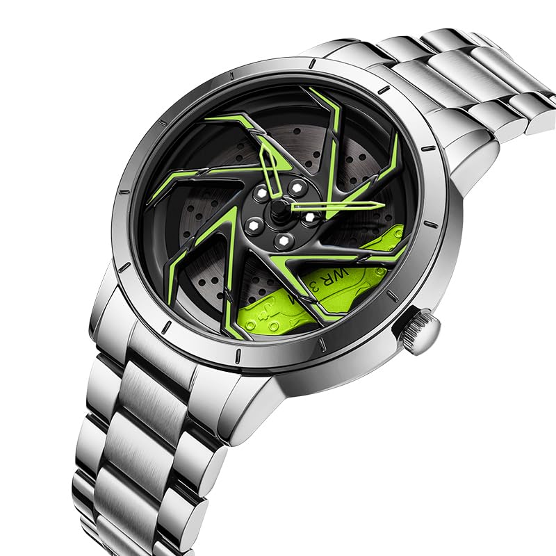 Image of FANMIS Men's Racing Car Wheel Watch 3D Spinning Dial Stainless Steel Watch | Creative 3D Spinning Car Quartz Large Skeleton Face and 30M Water Resistance Designed for Car Fans and Daily Wear.