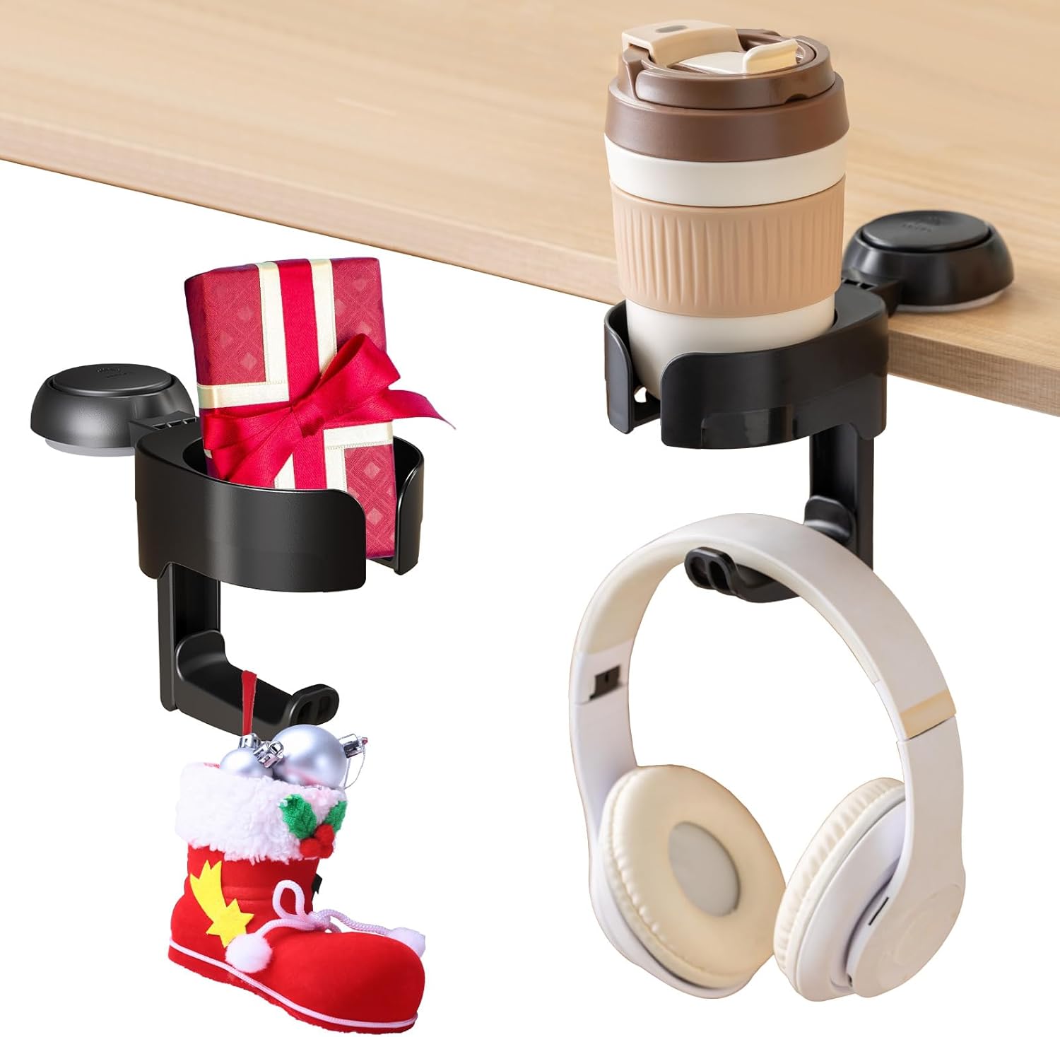 LEVERLOC Strong Suction Desk Cup Holder, Hold Up to 11 lbs, 2 in 1 Multi-Functional Design Drinks Holder for Beer, Coffee, Mug, Water Cups, with Headphone Hanger, Easy to Install and Remove, Black (Black Desk Cup Holder) Thumbnail