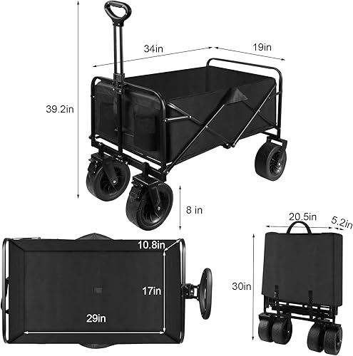 Miniatura 4 de Collapsible Folding Garden Cart with Brake, Outdoor Camping Wagon with 360 Degree Swivel 8" Off-Road Wheels and Adjustable Handle, 330lbs Weight
