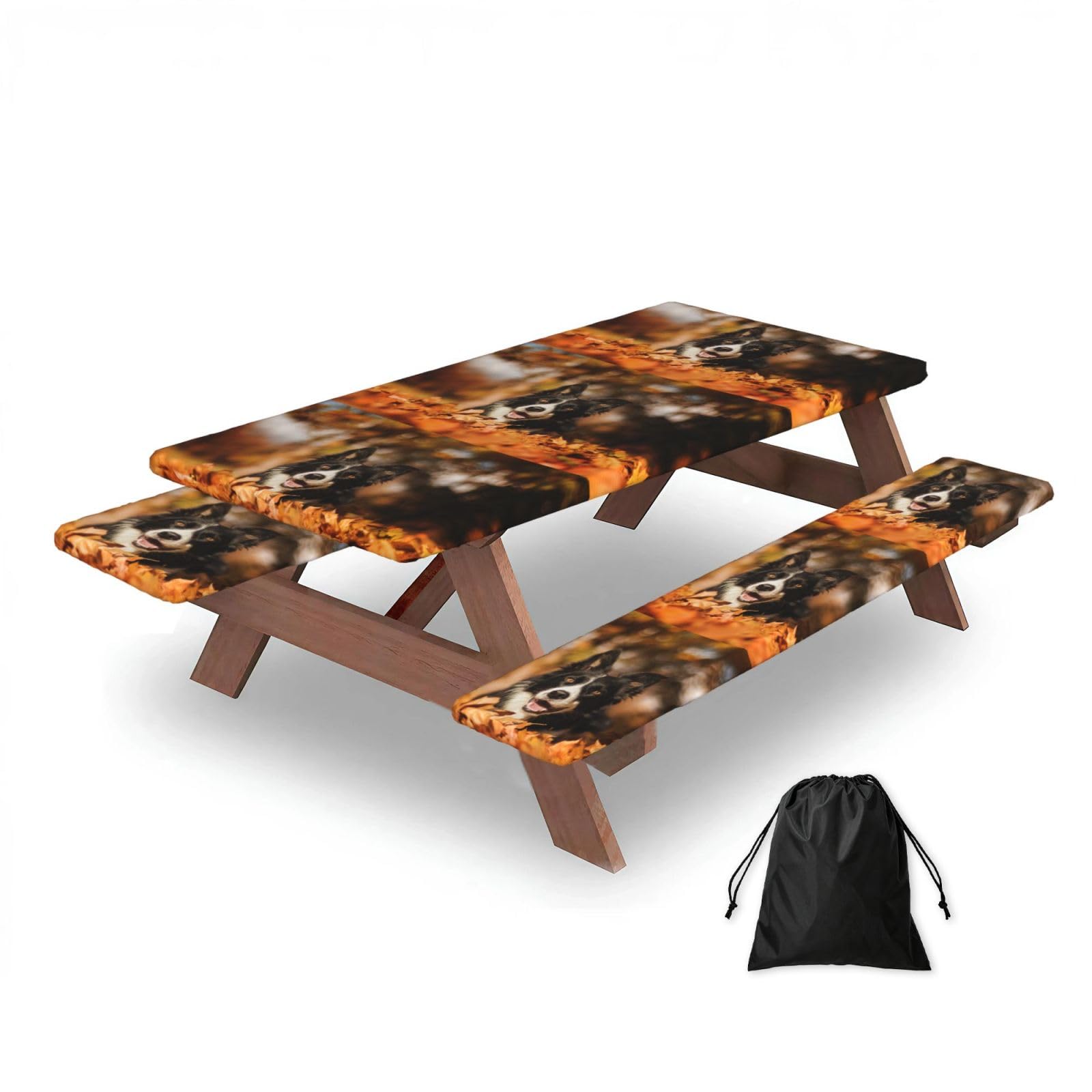 Dopklna As Picture Border Collie Bokeh Autumn Black Border Collie, Picnic Table Cover With Bench Covers -Waterproof Elastic Fitted Tablecloth For Garden Camping Patio 76X152cm