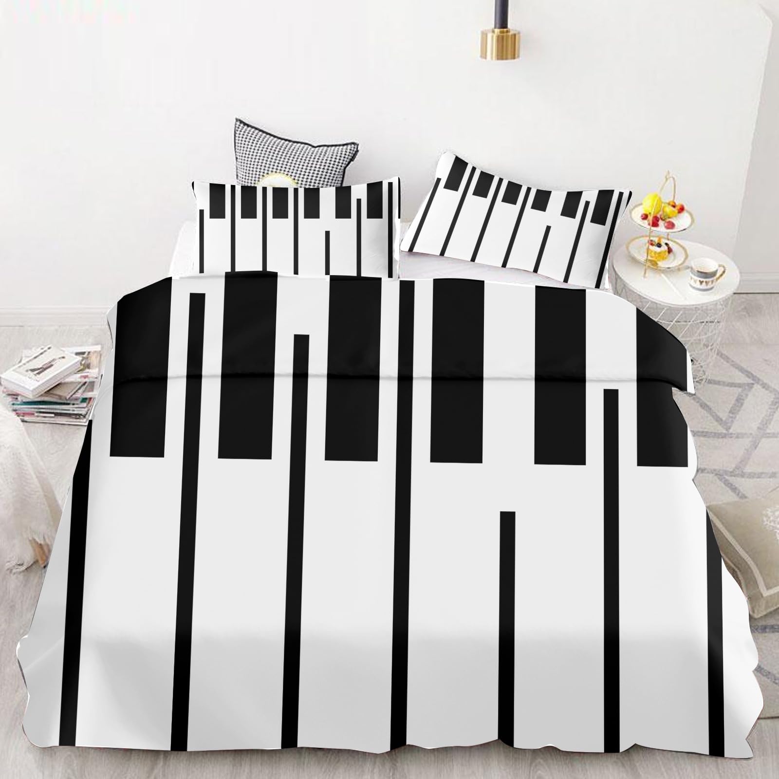 Fgolphd Minimalist Piano Key Pattern Bed Set, Modern Black & White Piano Keys Print Bedding, Soft Microfiber Duvet Cover with Pillowcases, Music Themed Bedroom Decor Single