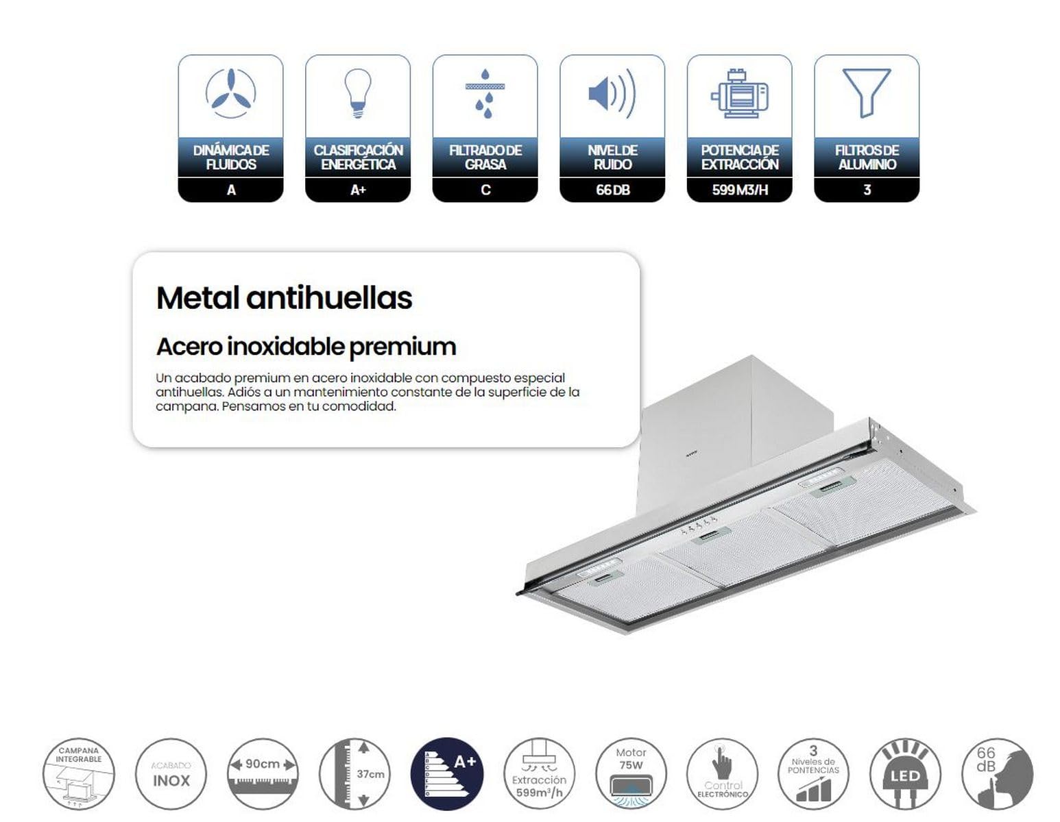 INFINITON Campana Extractora Integrable CMPG-A9035,599 m3/h, 90 cm 3 Niveles de potencia de succión, Control de mandos electrónico, Filtros de aluminio, A+, Luces LED, Acabado ACERO INOXIDABLE