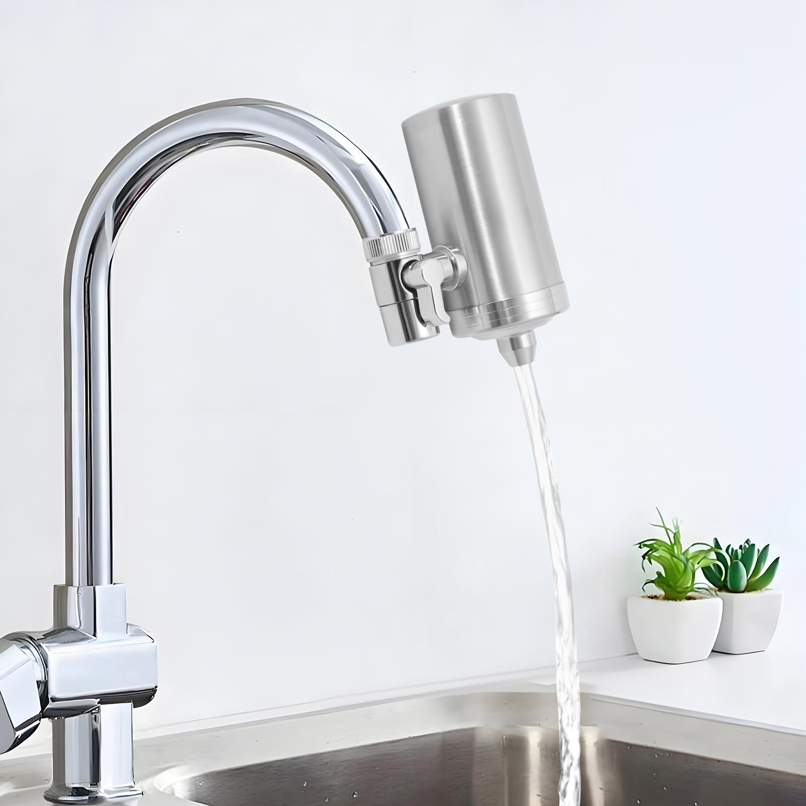 Filtro dell'acqua per rubinetto in acciaio inox, sistema di filtraggio dell'acqua, filtro dell'acqua del rubinetto, rimuove cloro, metalli pesanti e cattivo gusto, con 1 filtro incluso