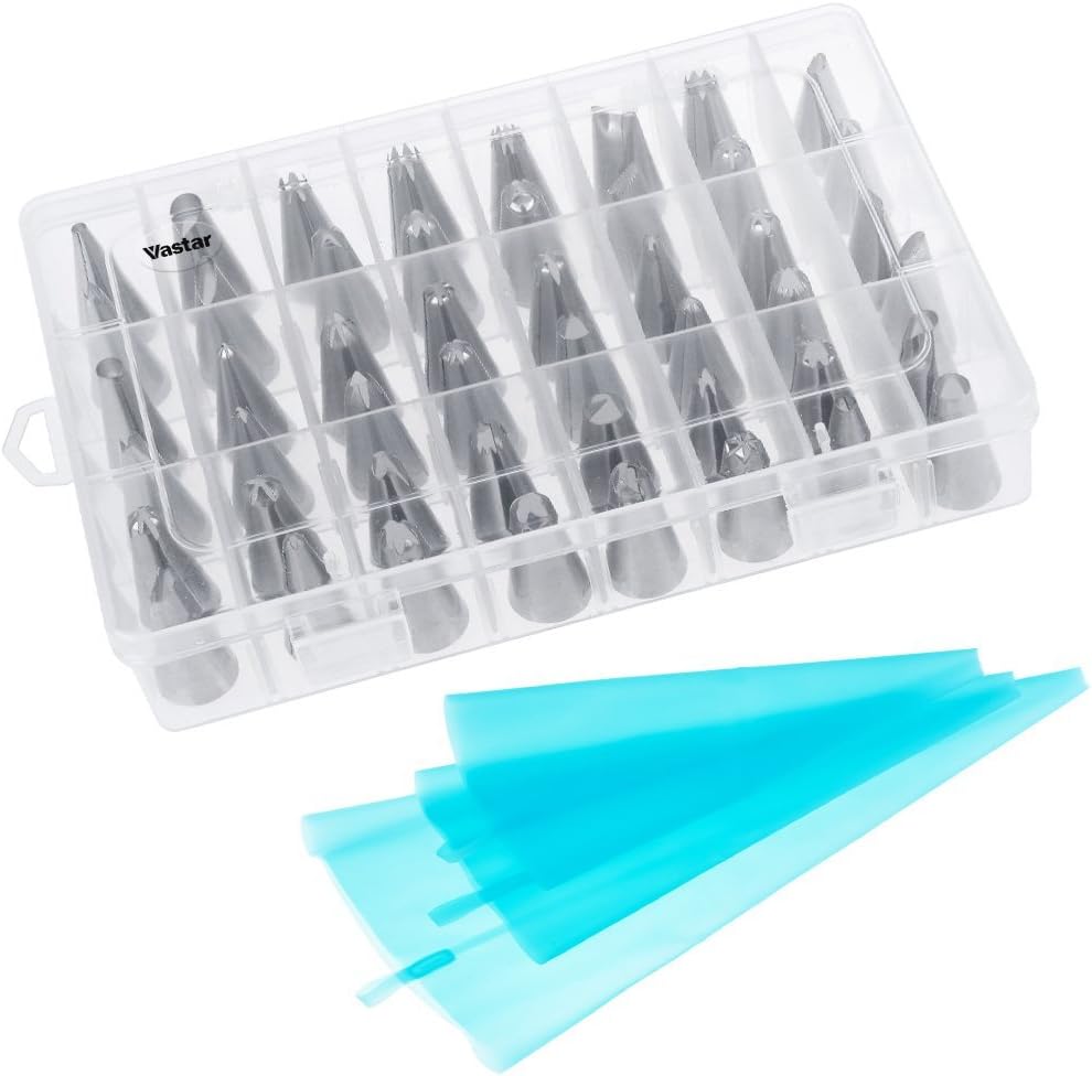 Vastar 54-in-1 Cake Decorating Tips Supplies, Professional Stainless Steel DIY Icing Tip Set Tools with 3 Reusable Coupler and Storage Case, 3 Sizes Silicone Pastry Bags
