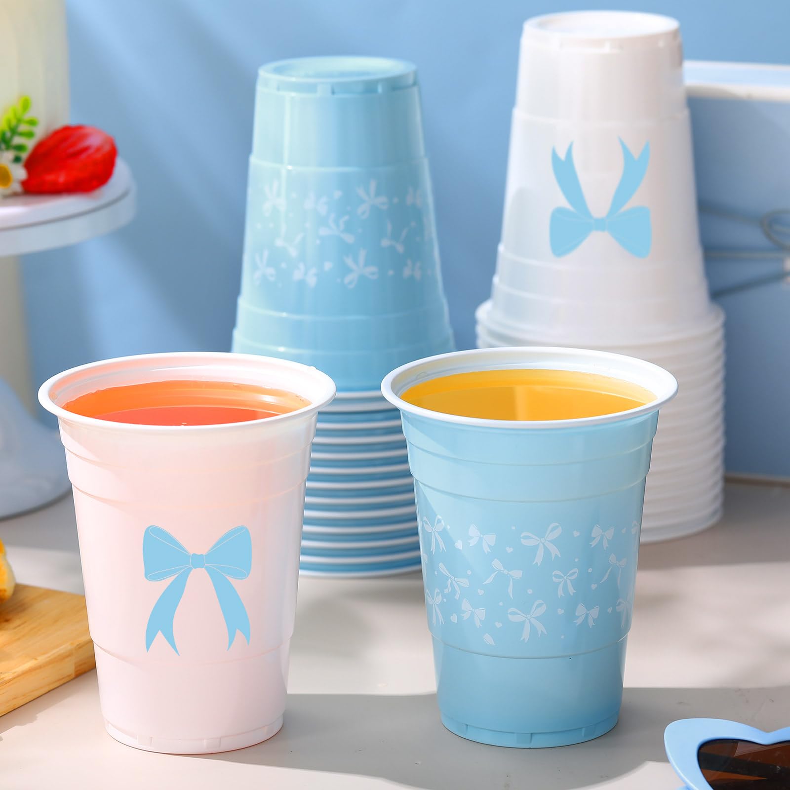 Jingmore 30 Pcs Baby Blue Bow Plastic Cups 16 oz Coquette Birthday Cup Disposable in 2 Style Coquette Bow Party Decoration Supplies for Birthday Wedding Baby Shower Bridal Engagement