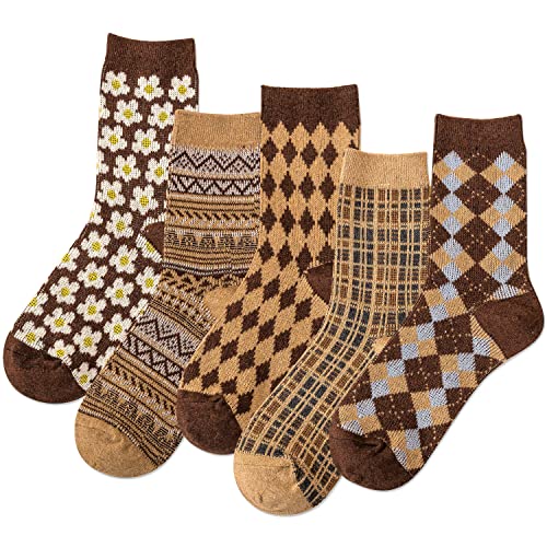 Image of IIG 5 Pairs Womens Pretty Vintage Wool Socks Unique Print Design Soft Cozy Warm Crew Socks Christmas Gift