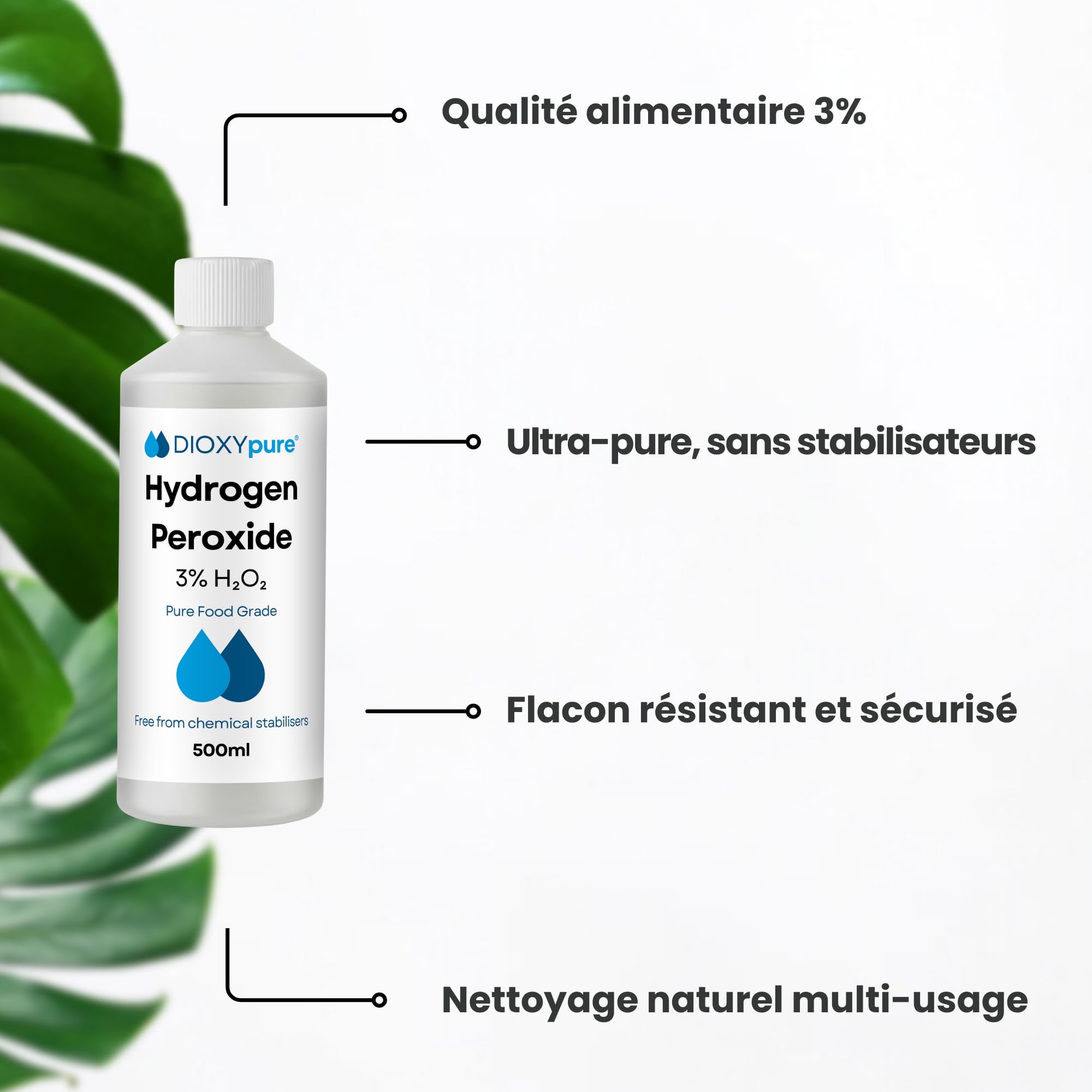 Peroxyde d'hydrogène de qualité alimentaire 3% - 500 ml - H2O2 - Eau oxygénée - Sans stabilisateurs ni additifs - Nettoyant naturel multi-usage - Bouchon sécurité enfant