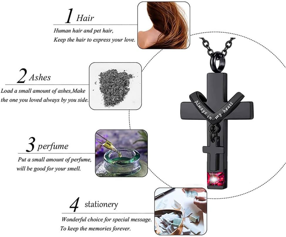 5 Piece Urn Necklace for Ashes, Red Cremation Jewelry for Ashes, Crystal Heart Cross Cubic Ashes Necklace with Angel Wing, Ashe Keepsake for Men and Women with Small Spoon, Funnel, Velvet Bag4