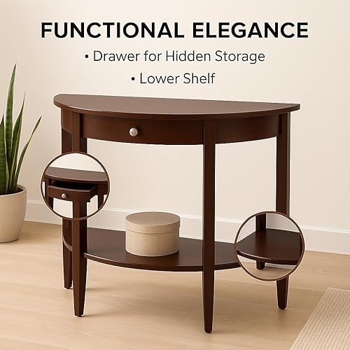 Miniatura 7 de Ergode Elegante mesa consola de media luna de nogal con cajón y estante inferior, mesa decorativa de entrada de madera maciza para pasillo, sala de