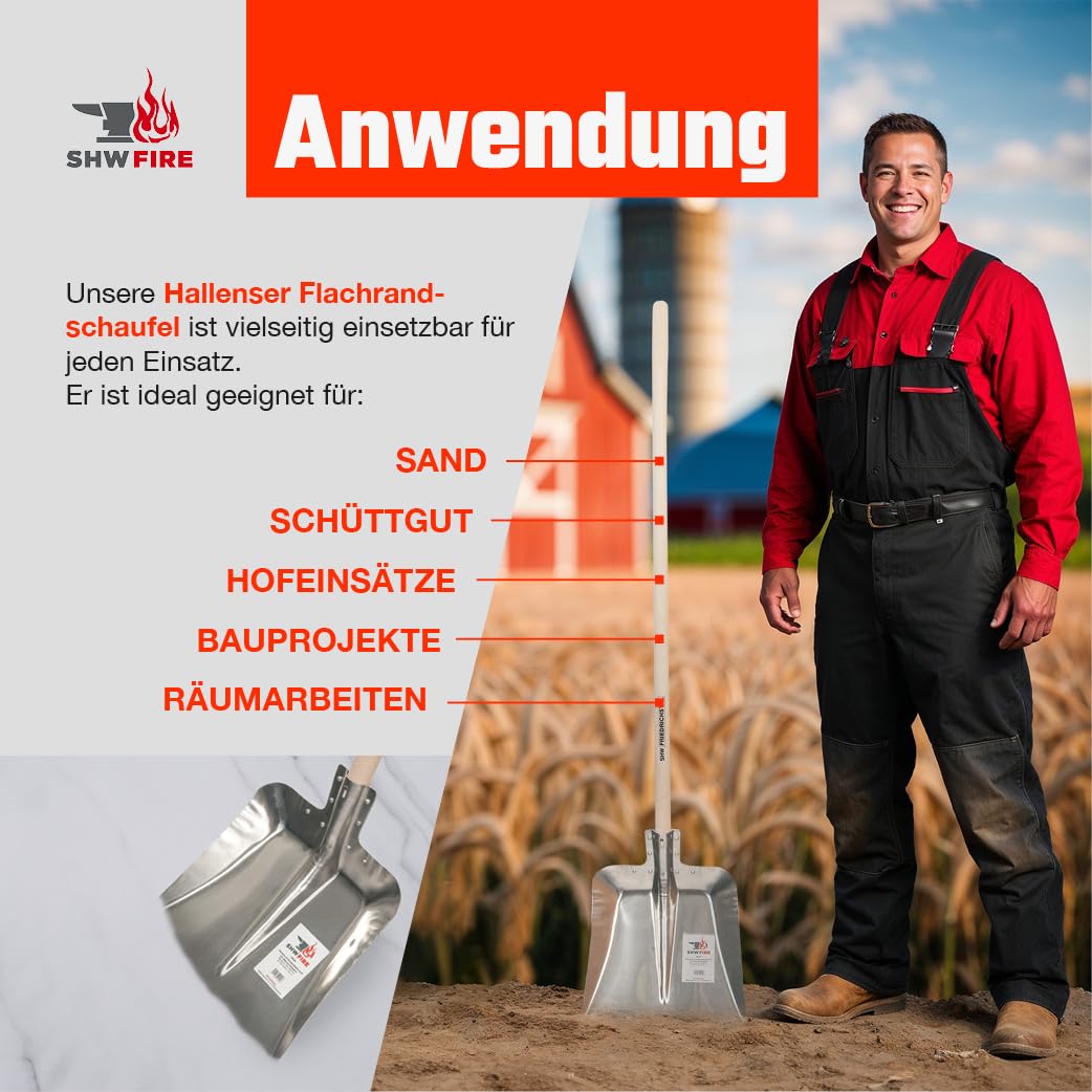SHW-FIRE | Hallenser Alu Flachrandschaufel 130 cm Buchenholzstiel, 1,8 mm Aluminium, Stahlschutzkante, vielseitig für Garten, Hof, Futter & Schnee - Aluschaufel & Schippe | Made in Germany