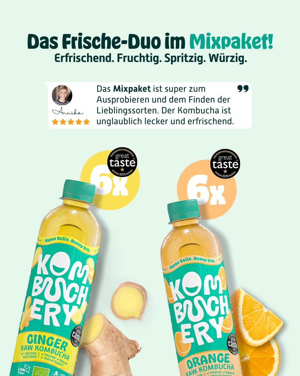 KOMBUCHERY® Mix Raw Kombucha BIO | 12 x 400ml | Fermentierter Tee mit aktiven Darm-Kulturen | Zuckerarm & Kalorienarm | Unpasteurisiert, PrioBiotic, Vegan & Testsieger | inkl. 3€ Pfand