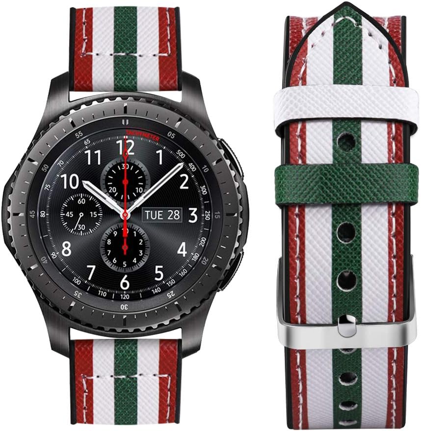 Dsytom Compatible with Gear S3 Frontier Band and Galaxy Watch 46mm Bands Men/Women,22mm Leather Covered Silicone Sweatproof Sport Strap for Samsung Galaxy Watch 46mm and Gear S3(Green White Stripe)