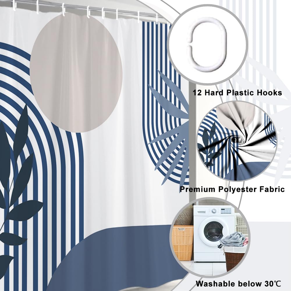 Tenda Doccia Antimuffa, Tenda da Doccia 180x200cm Boho Chic Blu Navy Astratta Grigio Sole Blu Scuro Foglie Tende da Bagno Tessuto Lavabile Impermeabile Tende per Vasca da Bagno con 12 Anelli
