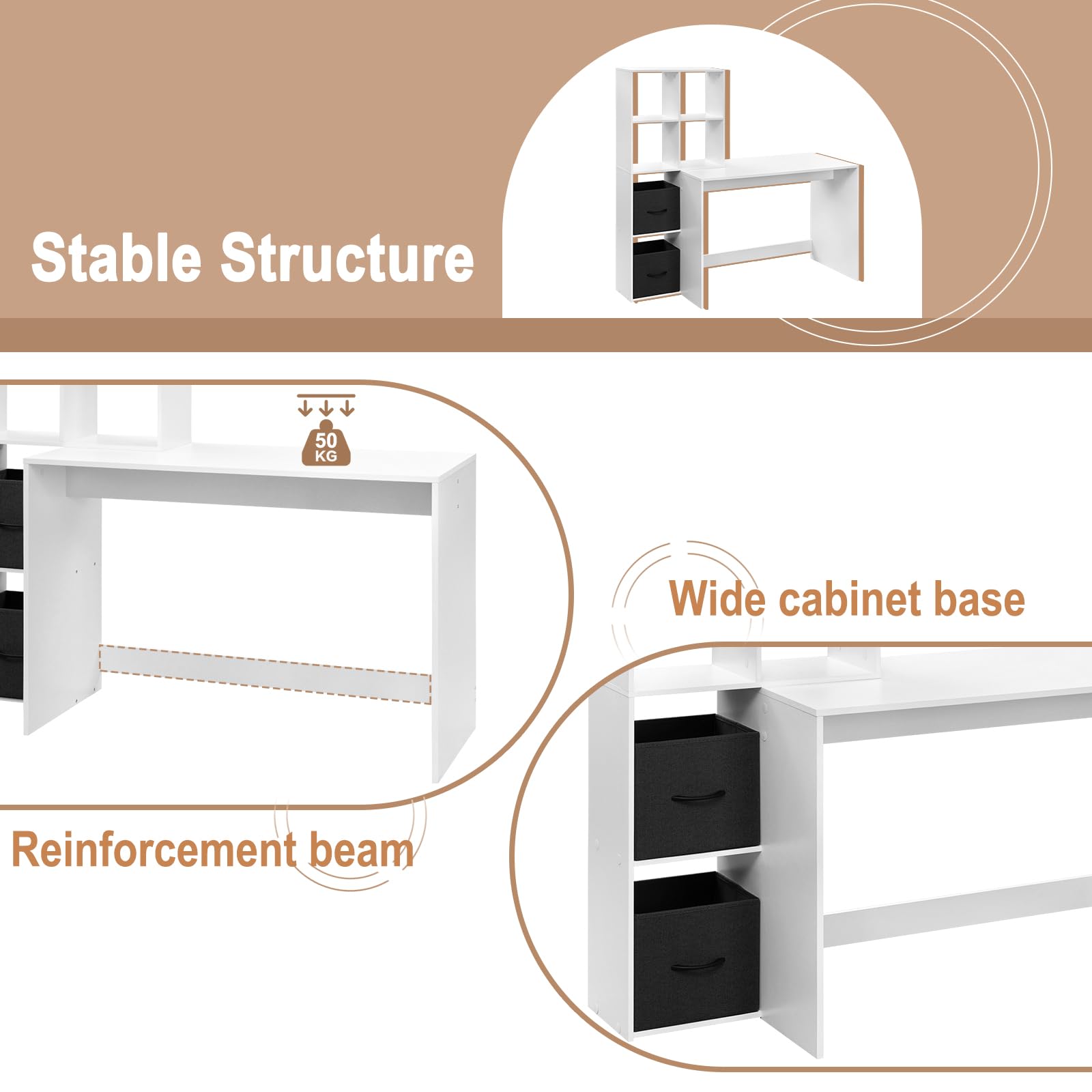 WOLTU Schreibtisch mit Regal & 2 Stoffboxen, Weiß, 140x50x134 cm | Offenes Stauraum, Geeignet für Homeoffice Schlafzimmer Wohnzimmer