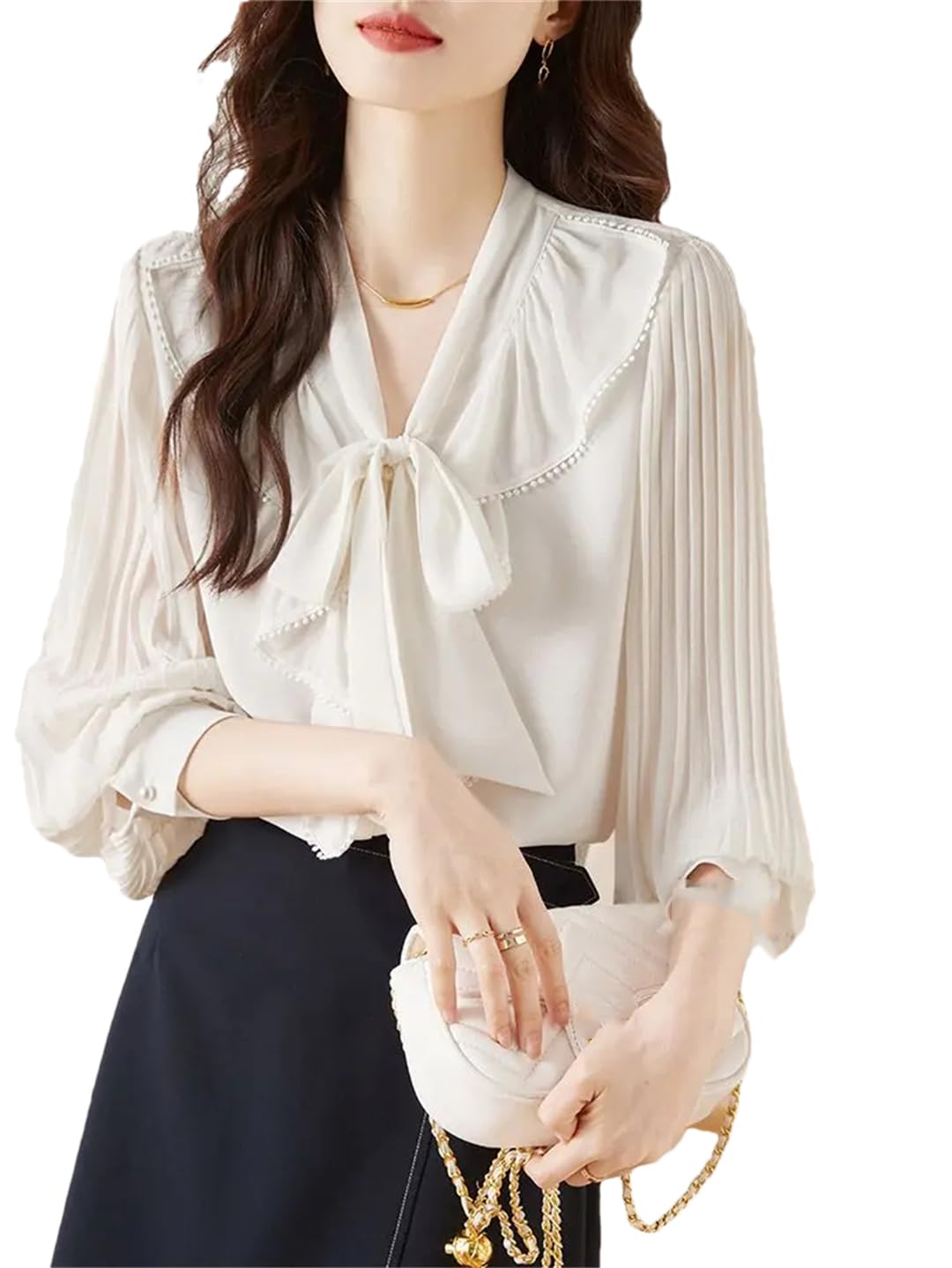 Camisa de oficina de manga larga para mujer, para primavera y otoño, con lazo, color liso