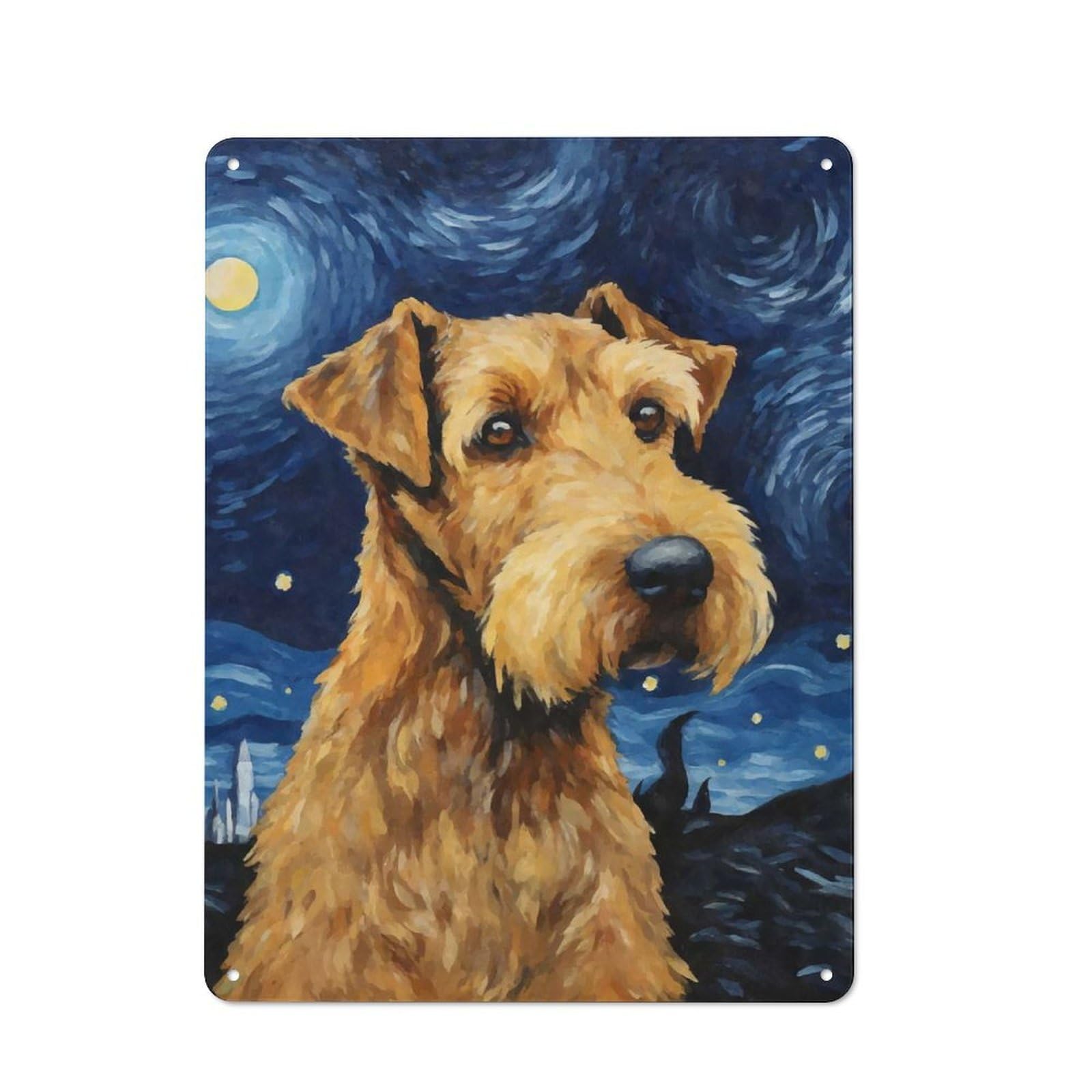 Tin Wall Sign with Airedale Terrier Night Design 40x30cm, Classic Kitchen Wall Decor for Restaurant, Kitchen, Counter Or Breakfast Nook