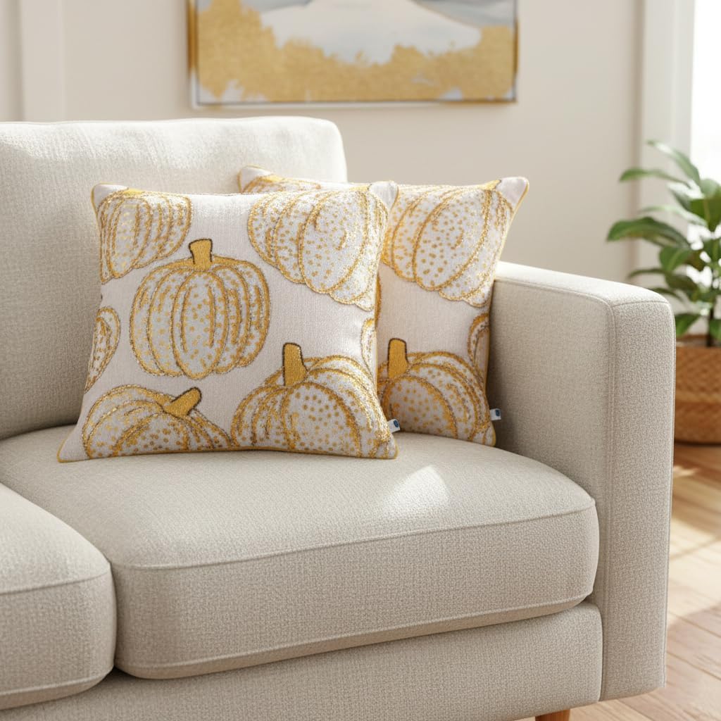 ZOMI Beaded & Foil Pumpkin Cushion Covers Set of 2, 18x18 Inch Cotton Throw Pillow Covers, Fall Thanksgiving Harvest Decorative Pillowcases for Sofa Couch Home Decor No Inserts (Beaded Squash)