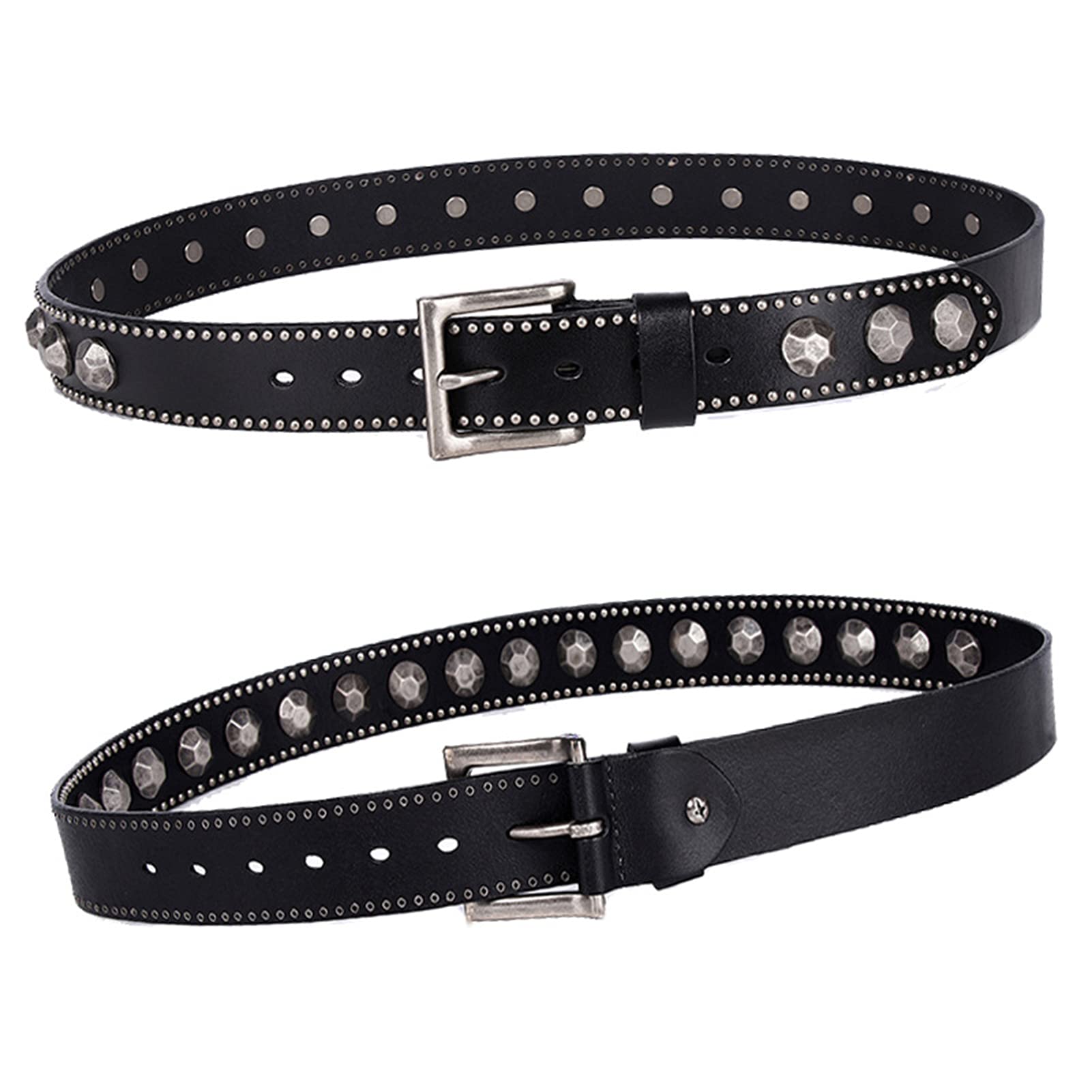 Unisex Ledergürtel Runde Fester Nieten Gürtel Herren Mit Dornschließe Im Vintage Design 3,8 cm Breit/Gesamtlänge Ist Angegeben,Schwarz,125cm/waist:42"~44"