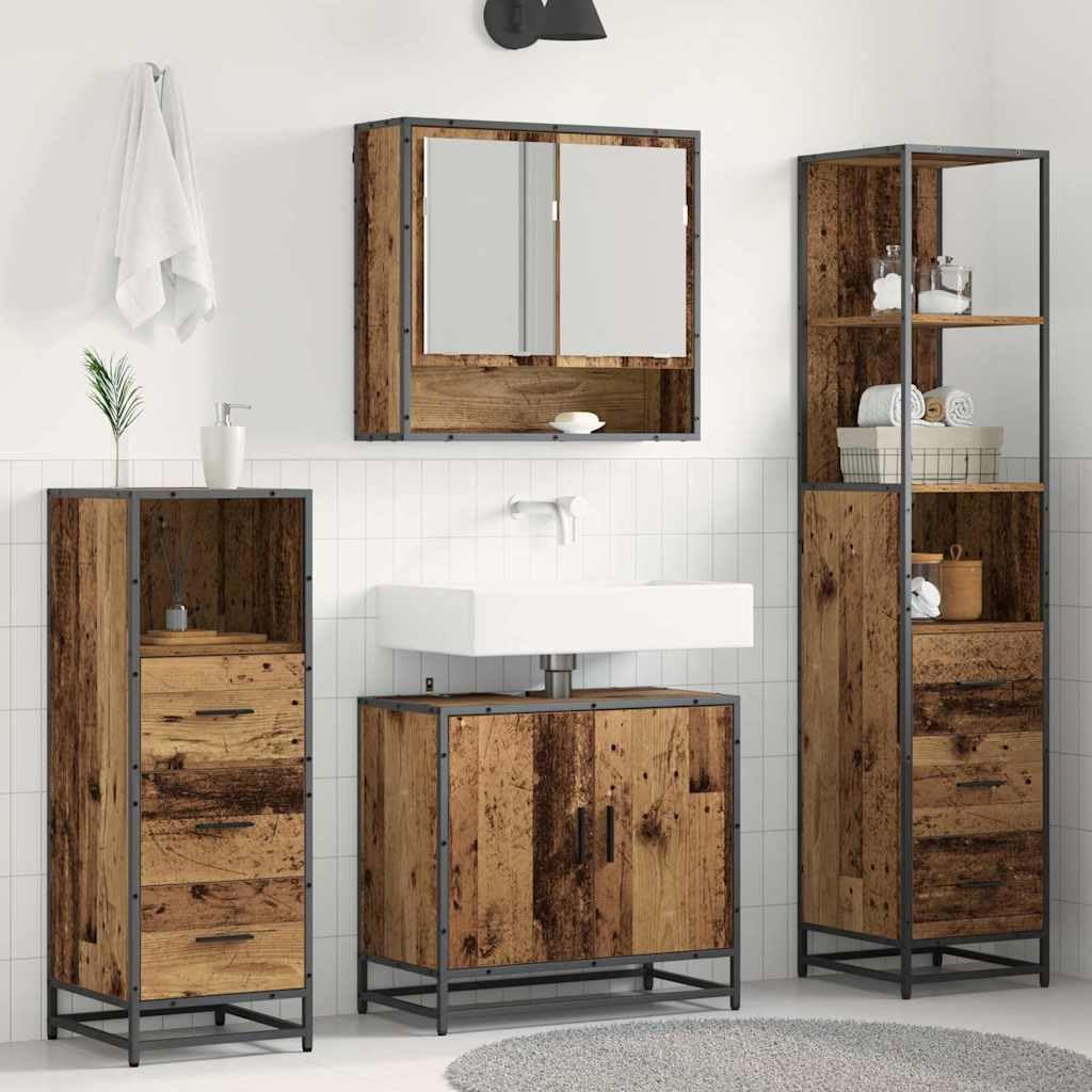 Set di mobili da bagno in legno anticato con cassetti e ripiani, 4 pezzi, mobile da bagno, mobiletto sottolavabo, armadietto a specchio, armadietto alto, salvaspazio, per WC degli ospiti