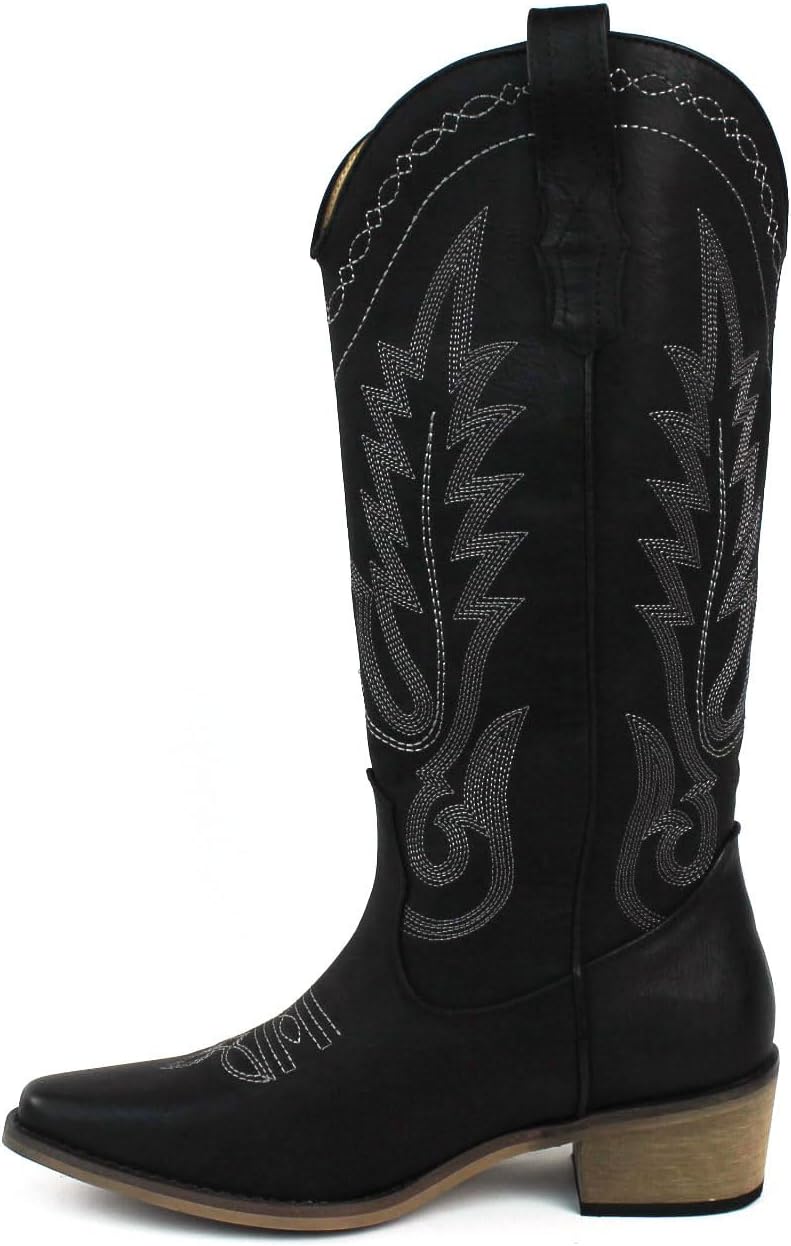 AZAR MAN Women's Western Cowboy Snip Toe Embroidered Leather Knee High Cowgirl Boots Wide Calf