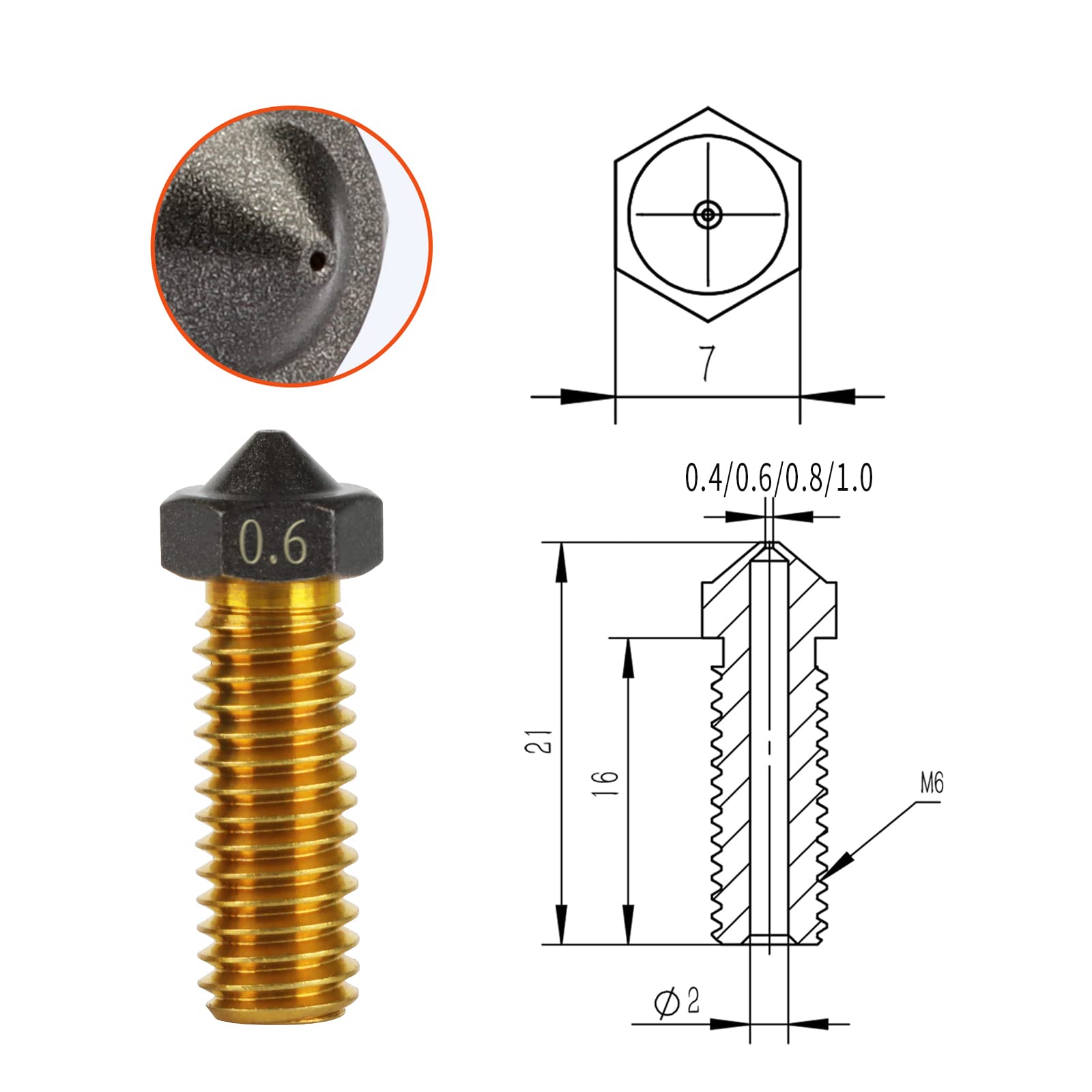 IdeaFormer-3D MK8/E3D/Volcano Messing PTFE Düse Beschichtung Antihaft-Filament 0,4/0,6/0,8/1,0 mm für 3D-Drucker Ender 3 envio Gratis (MK8 Düsen (0,4/0,6/0,8/1,0 mm))... (Vulkan PTFE beschichtete