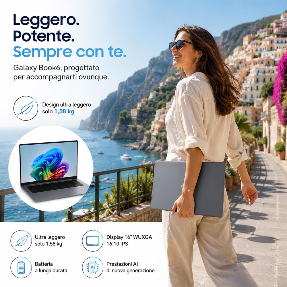 Samsung Galaxy Book6 Copilot+ Laptop 32Gb, Intel Core Ultra 7 355 16" WUXGA | Ram 32GB DDR5, SSD Pci 512Gb, Tastiera retroilluminata e fingerprint, Win 11 Pro, 3 Anni di garanzia Italiana dall'acquisto