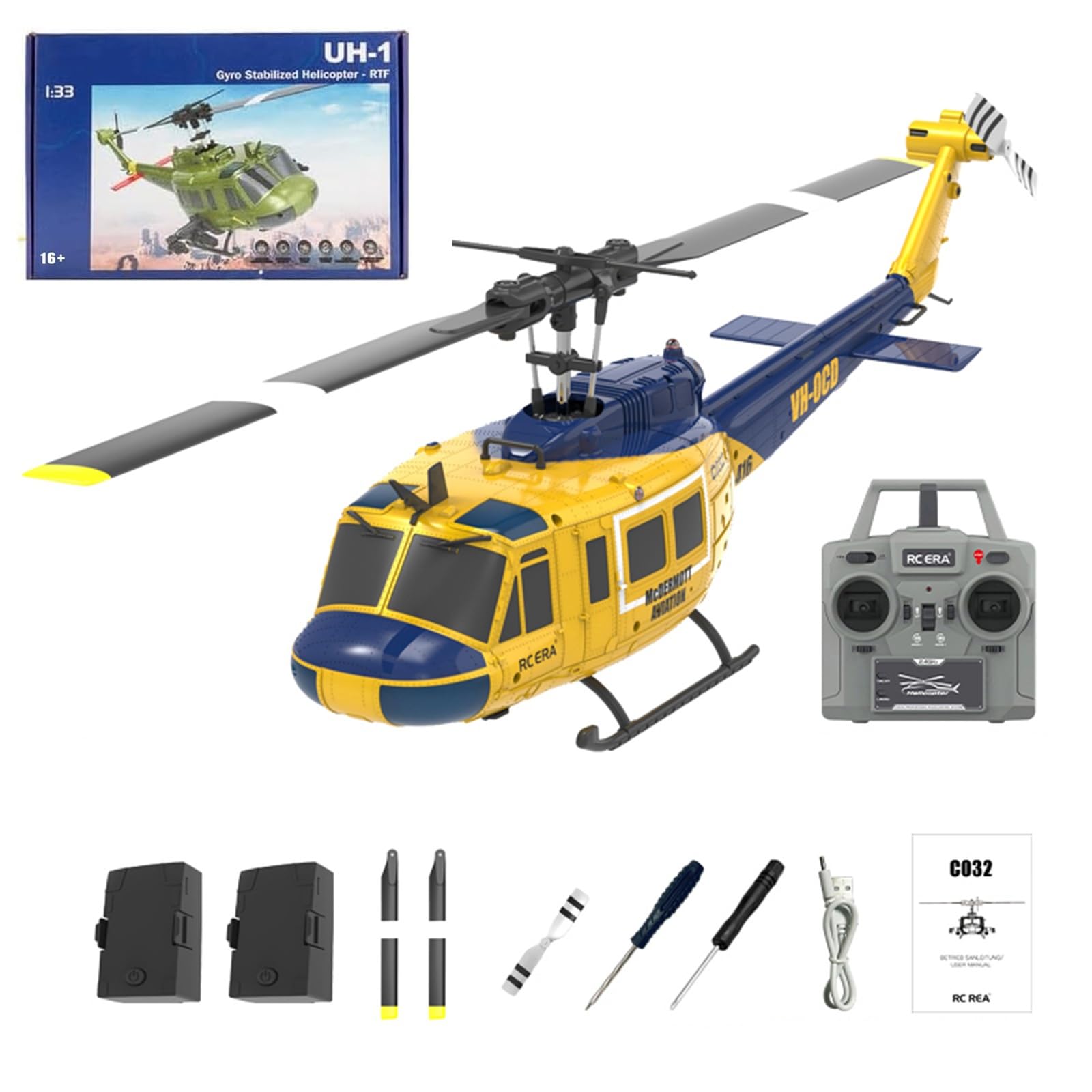 C032 UH-1 Huey Elicottero telecomandato, 1/48 Scala Flybarless Stunts RC Elicottero per adulti con 2 batterie Posizionamento del flusso ottico Regalo per gli appassionati militari RTF(Yellow)