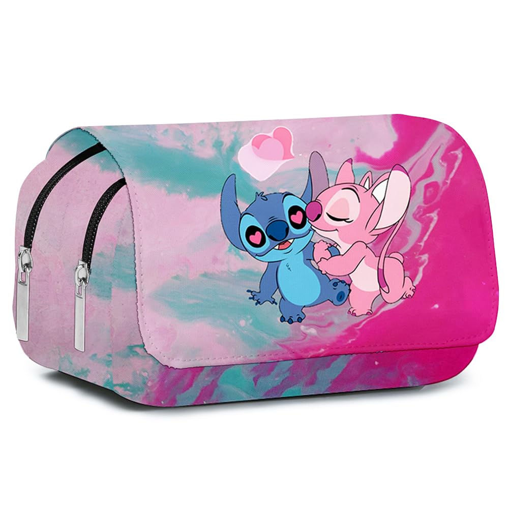 Ksopsdey Estuche para Lápices Animación, Stitch Estuche Escolar,Cartoon Papelería Caja，Lápices Caja con Dos Cremalleras para lápices de Gran Capacidad para Artículos Escolares y de Oficina,Rose