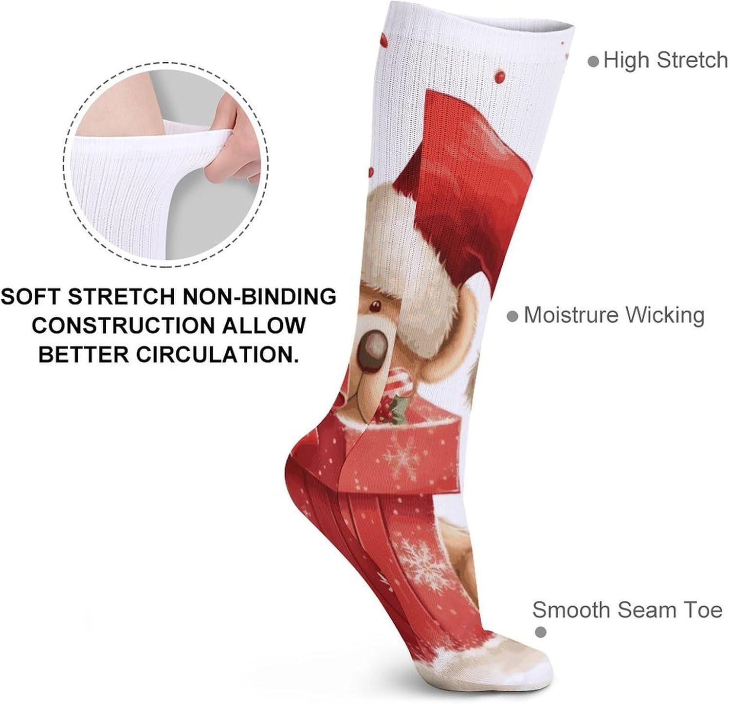 Santa Hat Gift And Merry Christmas Knee High Socks Cozy Knee High Socks Soft Mid-Length Sock for All Seasons Daily Wear Adult