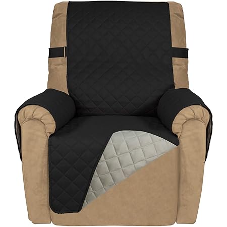 PureFit Reversible Quilted Recliner Sofa Cover, Spill, and Water Resistant Slipcover Furniture Protector, Washable Couch Cover with Adjustable Strap for Kids, Pets (Recliner, Black/Beige)