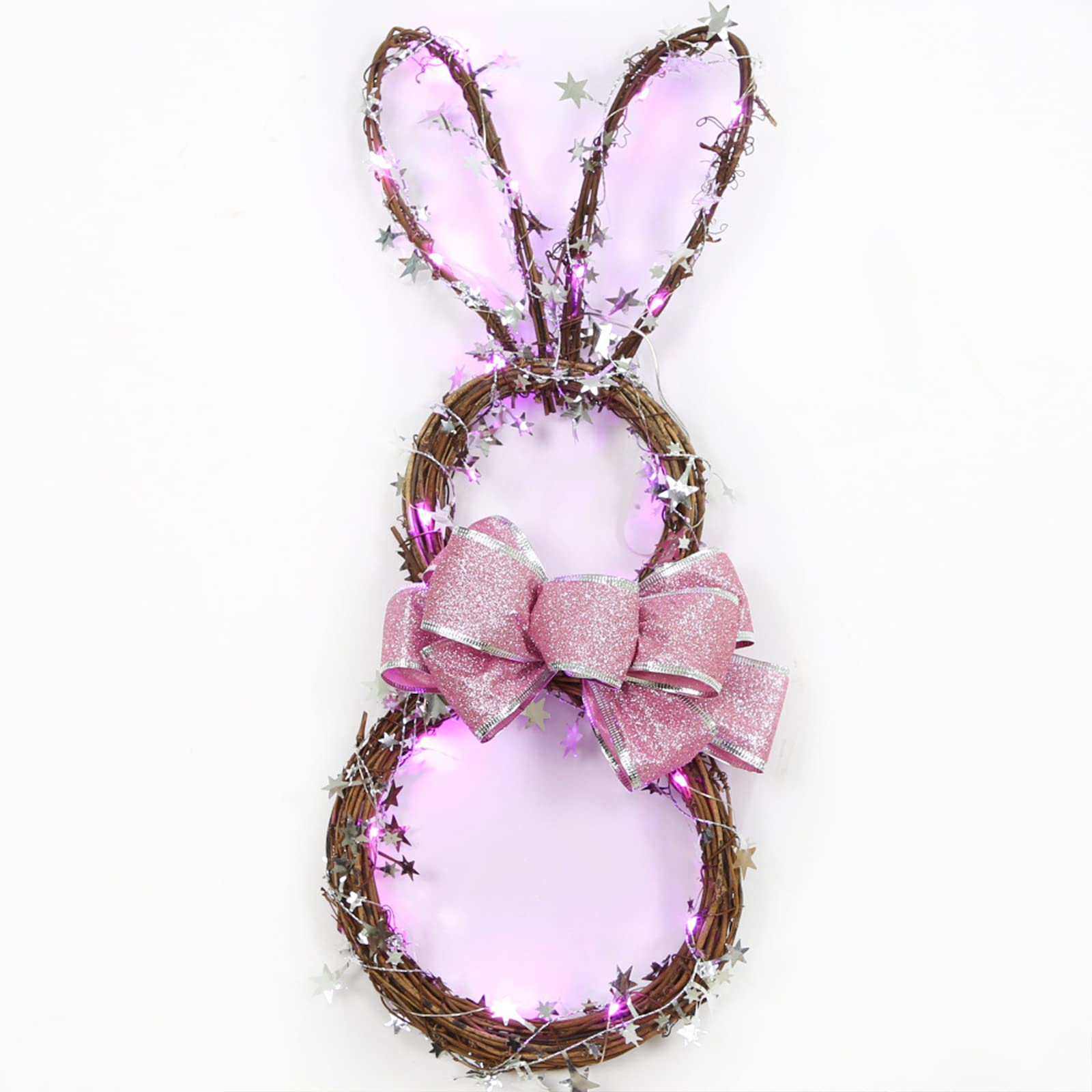 DEDEMCO Easter Bunny Rattan Wreath with LED Lights,23.5 Inch Bunny-Shaped Grapevine Twig Wreath Handmade Rattan Rabbit Garland for Front Door Home Decor