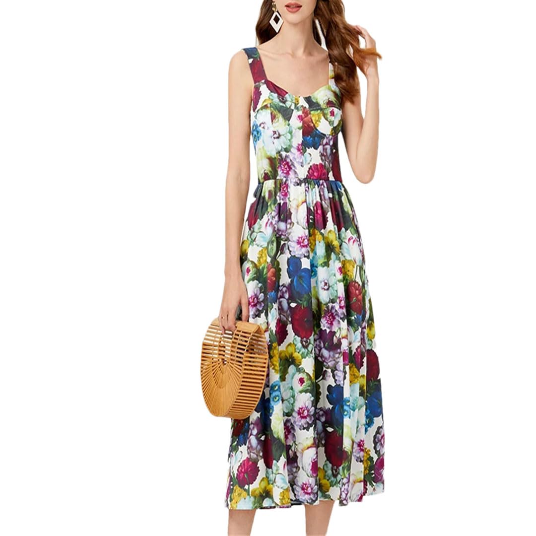 LNNSHX Mujer Verano Estampado Floral Vacaciones Midi Vestido Largo Correas Elástico Sin Espalda