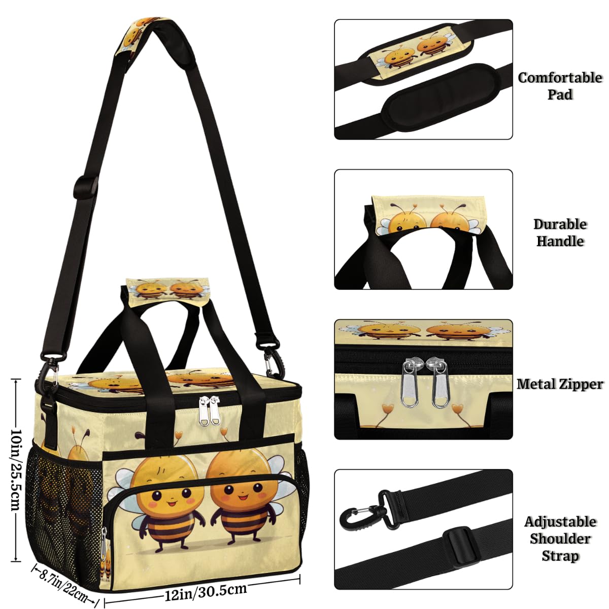 Bee Insulated Picnic Backpack Lunch Box for Women Men Picnic Basket Tote Lunch Bag Picnic Bag Portable Lunch Bags for Picnic, Beach, Work, Trip,Office, Camp Cute Bee Animal