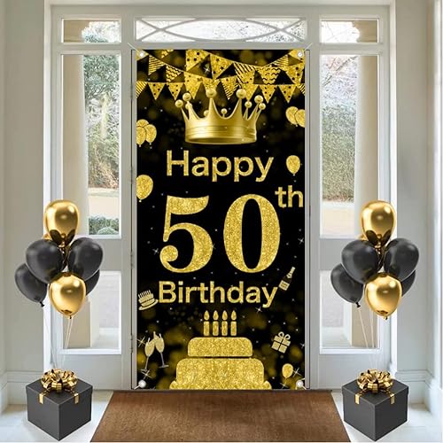 Tecreo Cartel de tela para decoración de cumpleaños número 50, color dorado, negro, 35.4 x 70 pulgadas, incluye ojales de cobre
