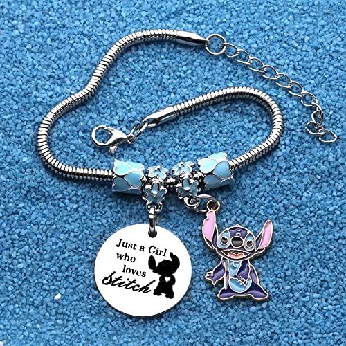 Funny Bracelet Gift For Girls,Silver Pendant Adjustable Jewellery"Just A Girls Who Loves Stitch"Cartoon Reminder Gift For Daughter Sisters Friends Colleague Birthday Christmas