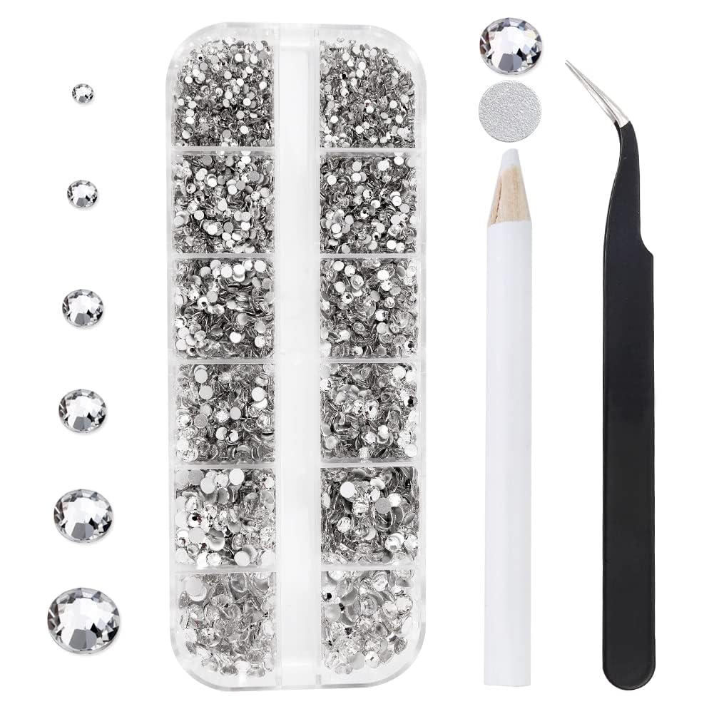 12 Grids Clear Flatback Rhinestones for Crafts | White Nail Gems & Crystals for DIY, Jewelry, Nail Art, Clothes & More | Sparkling Glass Diamonds Kit with Tweezers & Picking Pen (SS6~SS20)