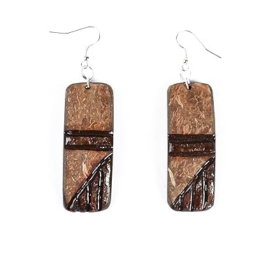N&H Women's Coconut Shell Earrings, Brown Wood Earrings, Silver Hoop Earrings, Natural Wood Earrings, Handmade Earrings