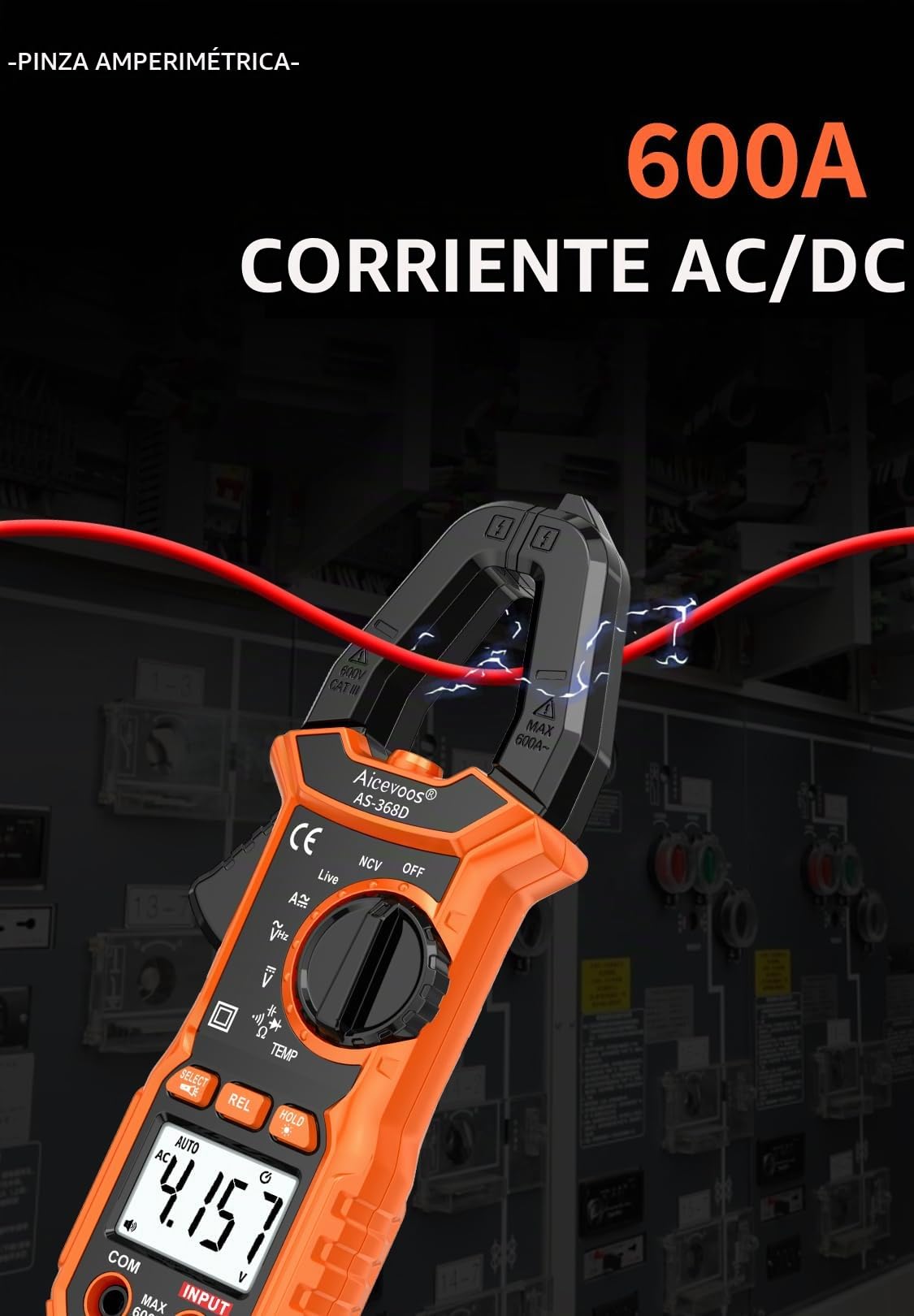 Pinza Amperimétrica CA/CC, 6000 Cuentas Pinza Multímetro para Medir Voltaje & Corriente CA/CC, Temperatura, Continuidad, NCV, Diode, con Linterna, Luz de Fondo, Mandíbula en Forma de D