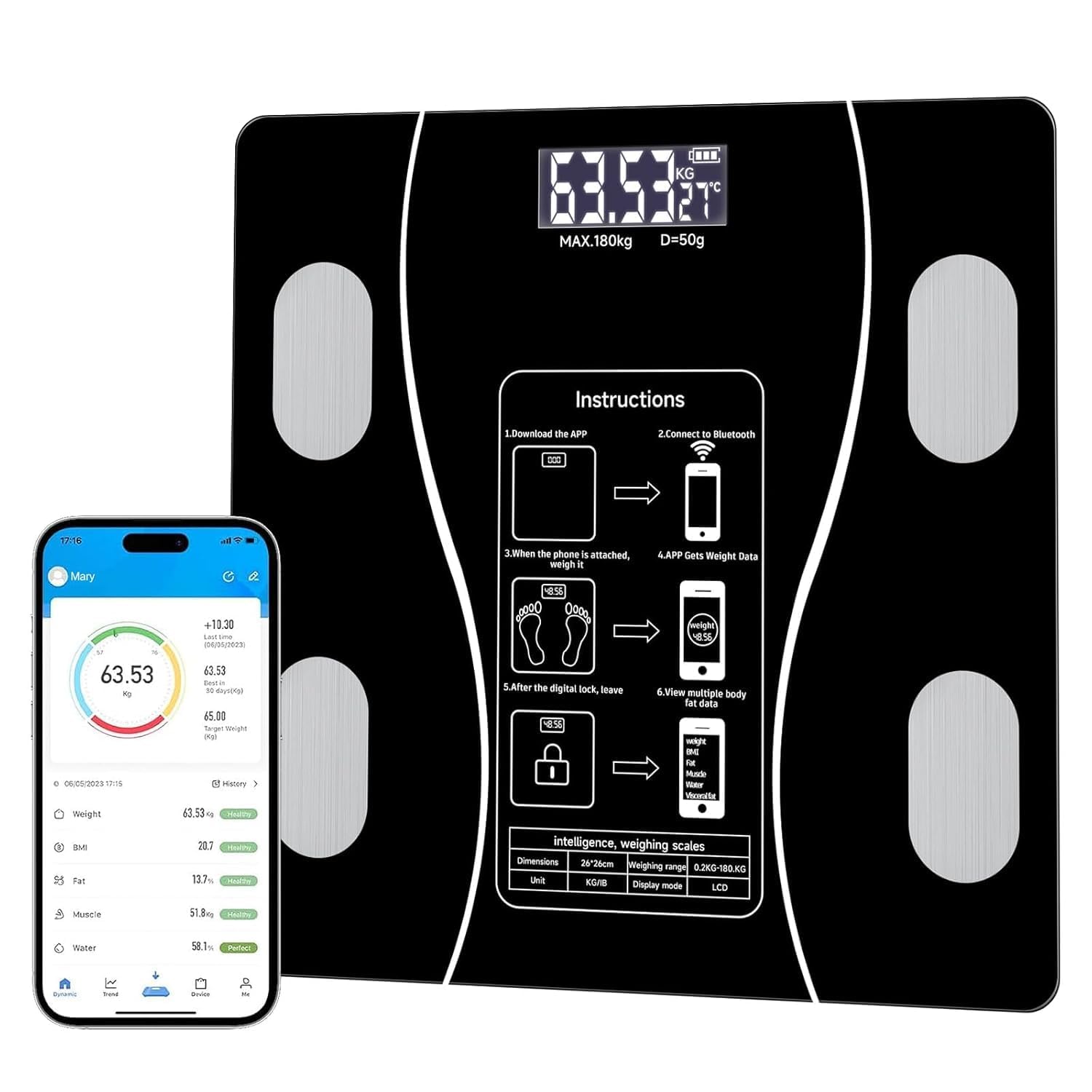 Intelligent Bathroom Scale Digital Body Scale with Backlit LED Display Screen and Sturdy Tempered Glass Compact Size Weighing