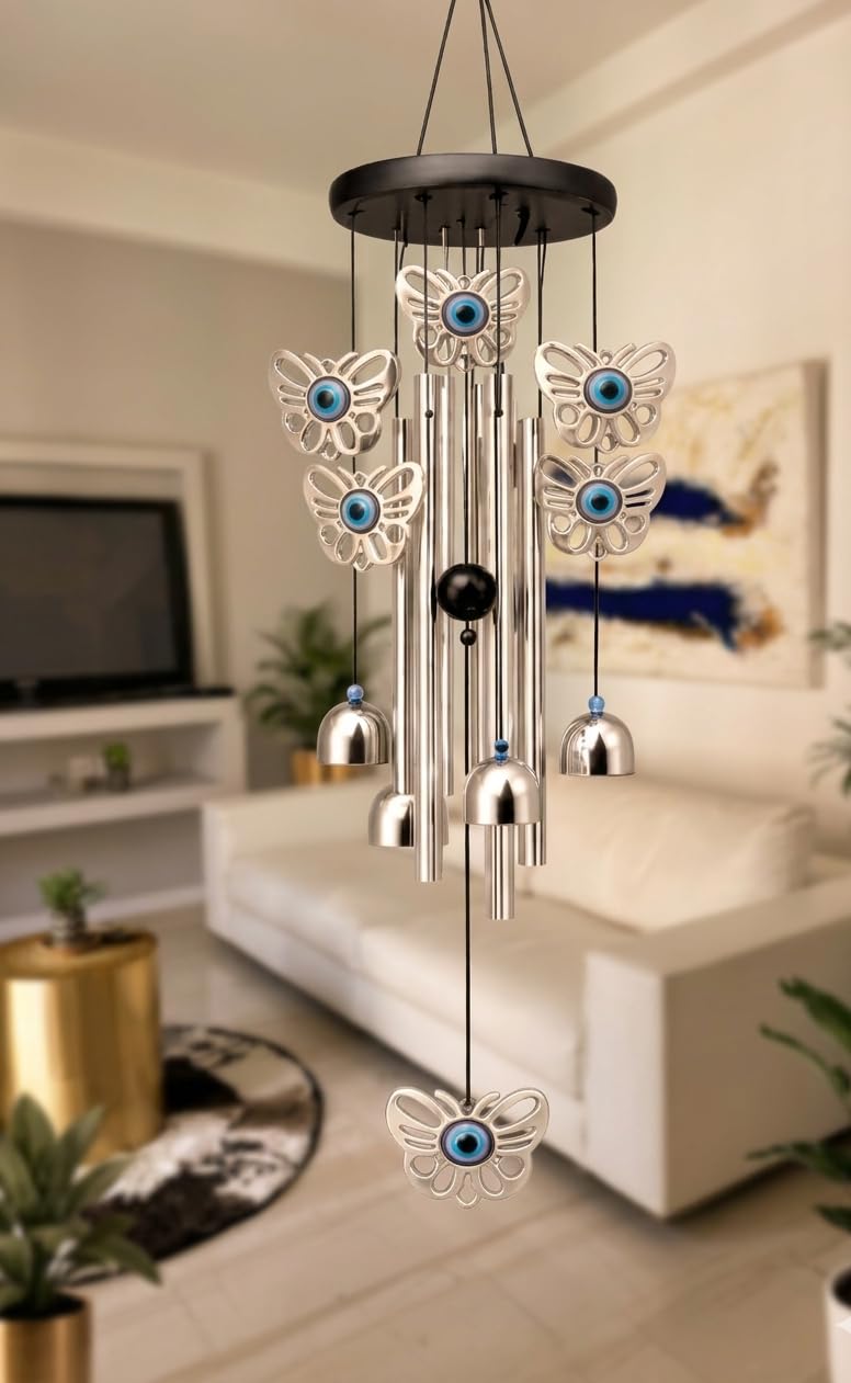 Butterfly Evil Eye Wind Chime, Silver Metal Tubes with Bells, Blue Eye Charm, Indoor Outdoor Hanging Decor Wind Chime for Home Colourful Beads | Positive Energy Balcony Living Room-image-26
