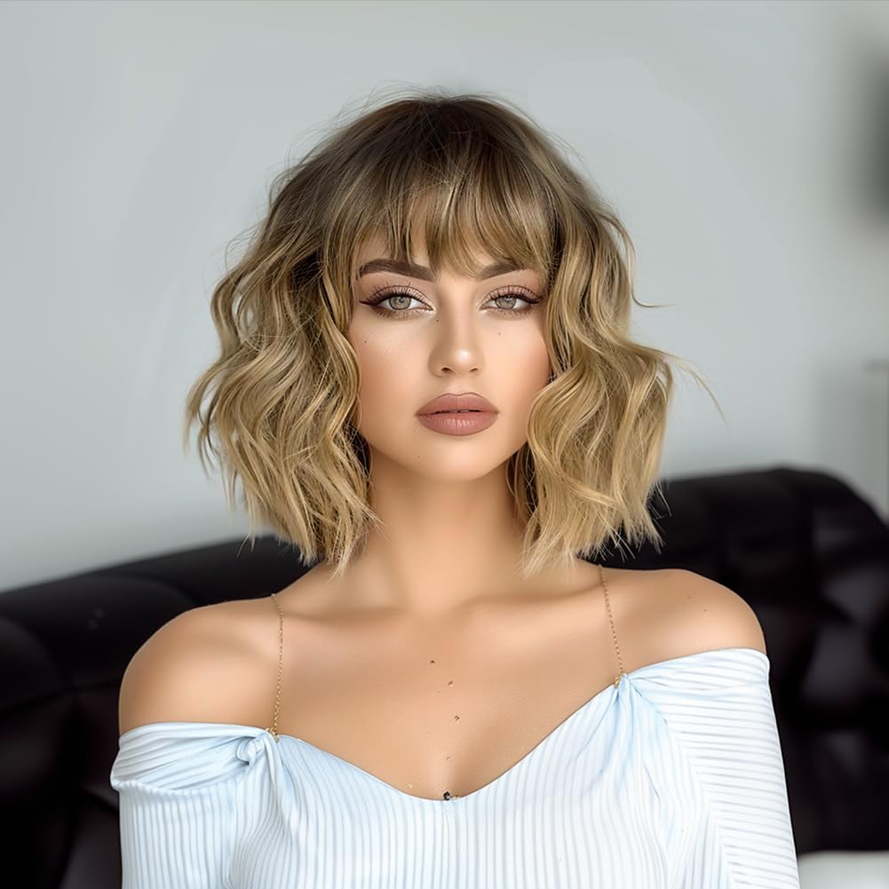 PORSMEER Shoulder Length Wavy Bob Wigs with Fringe Bangs Ombre Blonde/Brown Roots Wigs for Women,Natural Heat Resistant Synthetic Wigs for Daily/Party/Cosplay,14 Inch - Image 4