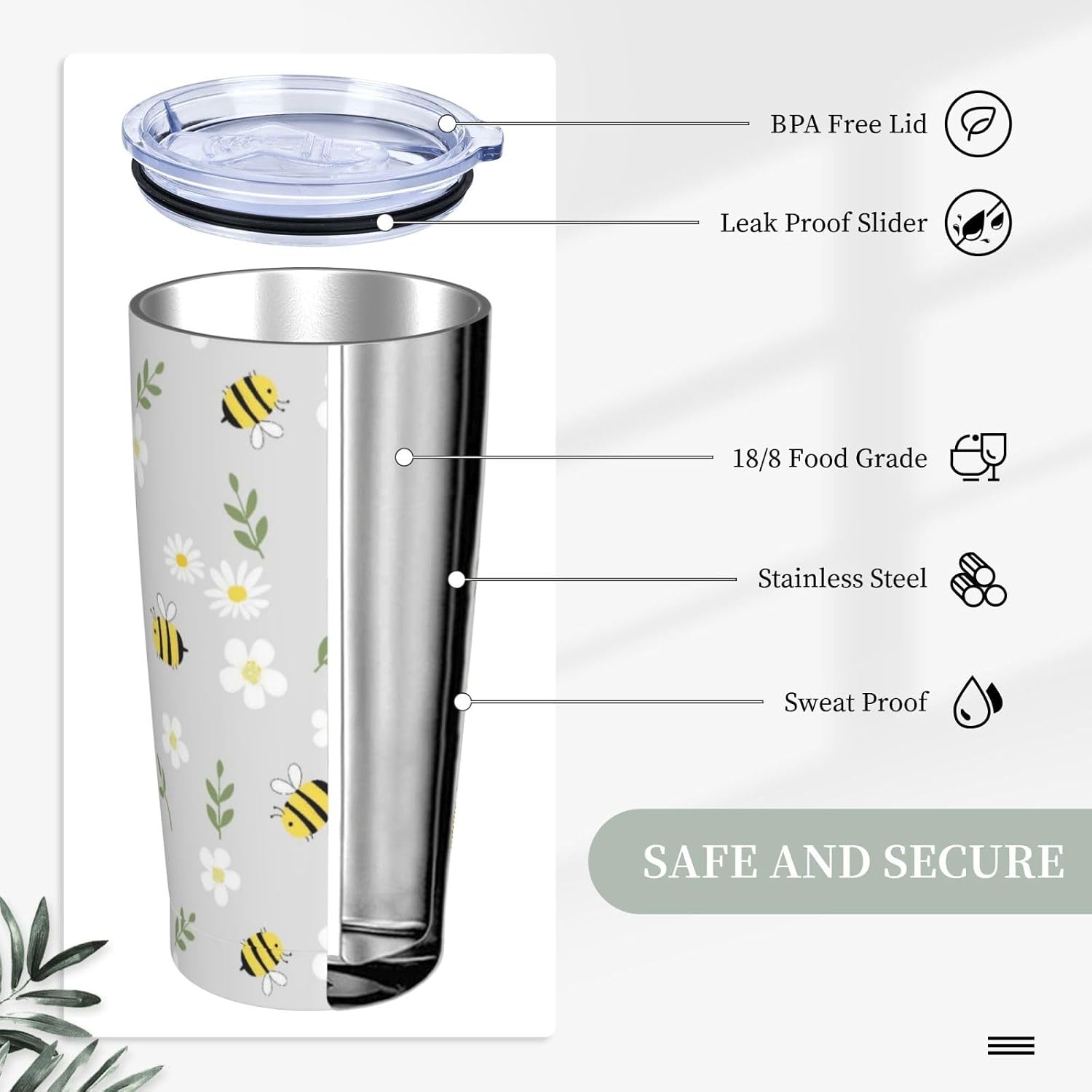 Cute Bees Tumbler 20 oz White Daisy Flower Mug with Lid and Straw Green Leaves Coffee Cup Floral Travel Tumblers for Gym Hiking Grey Water Bottle Birthday Presents for Women Men Bee Lover image 5