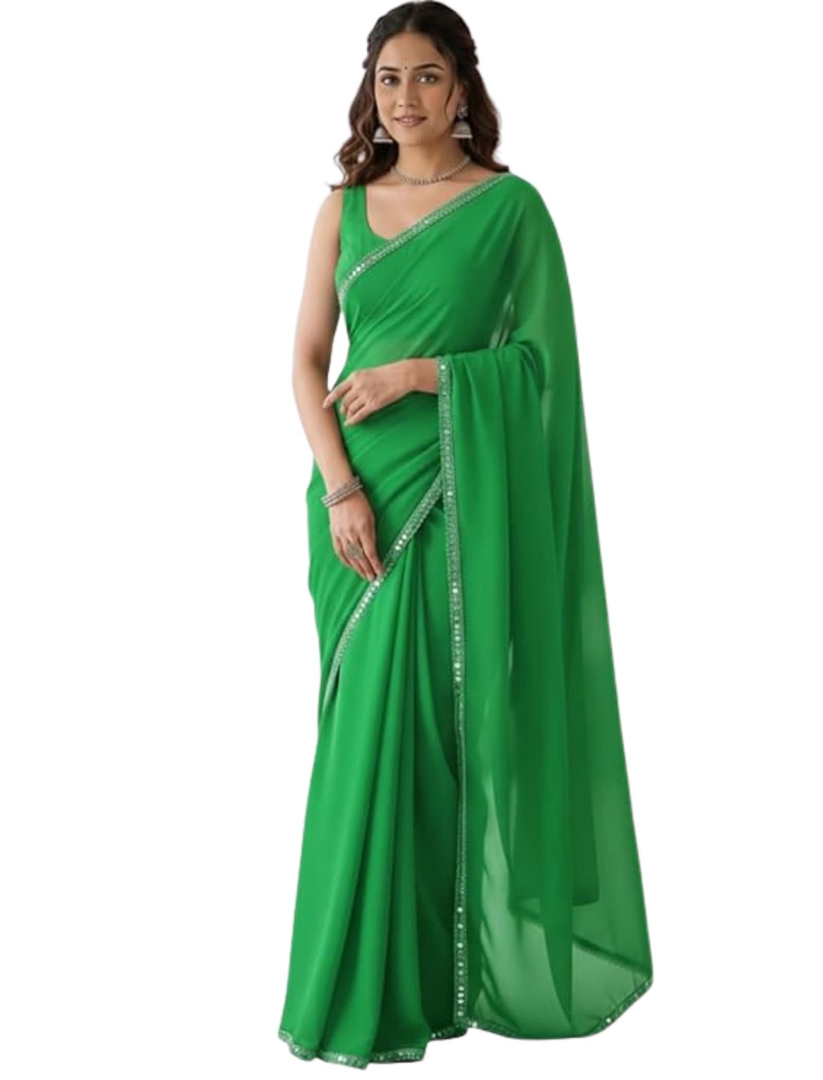 js clothing mart Women's Plain Georgette Sarees For Girls College Farewell & Mirror Work Lace Border & Unstitched Blouse Material-picture-40