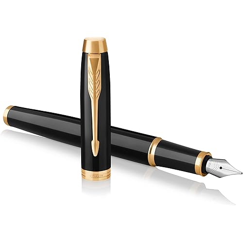 Parker IM Fountain Pen | Black Lacquer with Gold Trim | Fine Nib with Blue Ink Refill | Gift Box