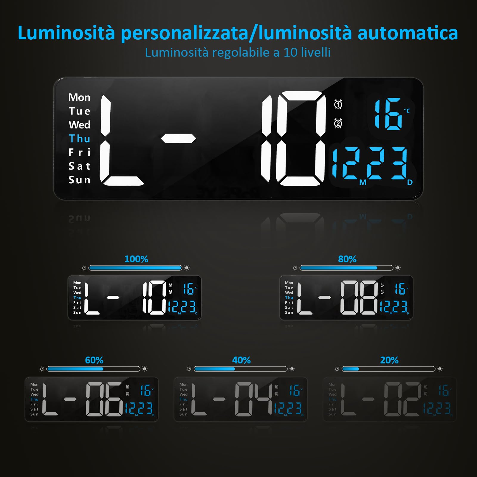 Orologio da parete digitale grande display, 16" orologio digitale con data di ora Temp settimana, timer, 12/24Hr, auto-dimming, per soggiorno/aula/palestra/chiesa/negozio/garage, blu