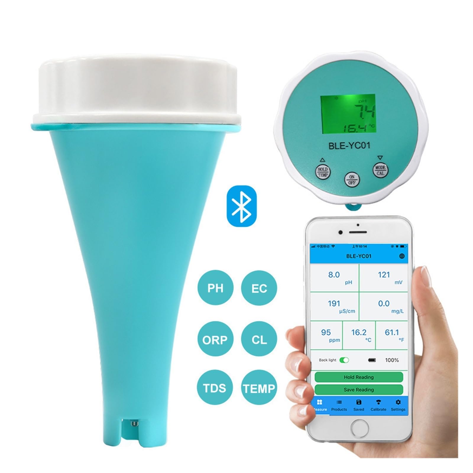 Monitor intelligente della qualità dell'acqua Bluetooth 6 in 1, tester del cloro temperatura PH ORP EC TDS for piscina,Alta precisione