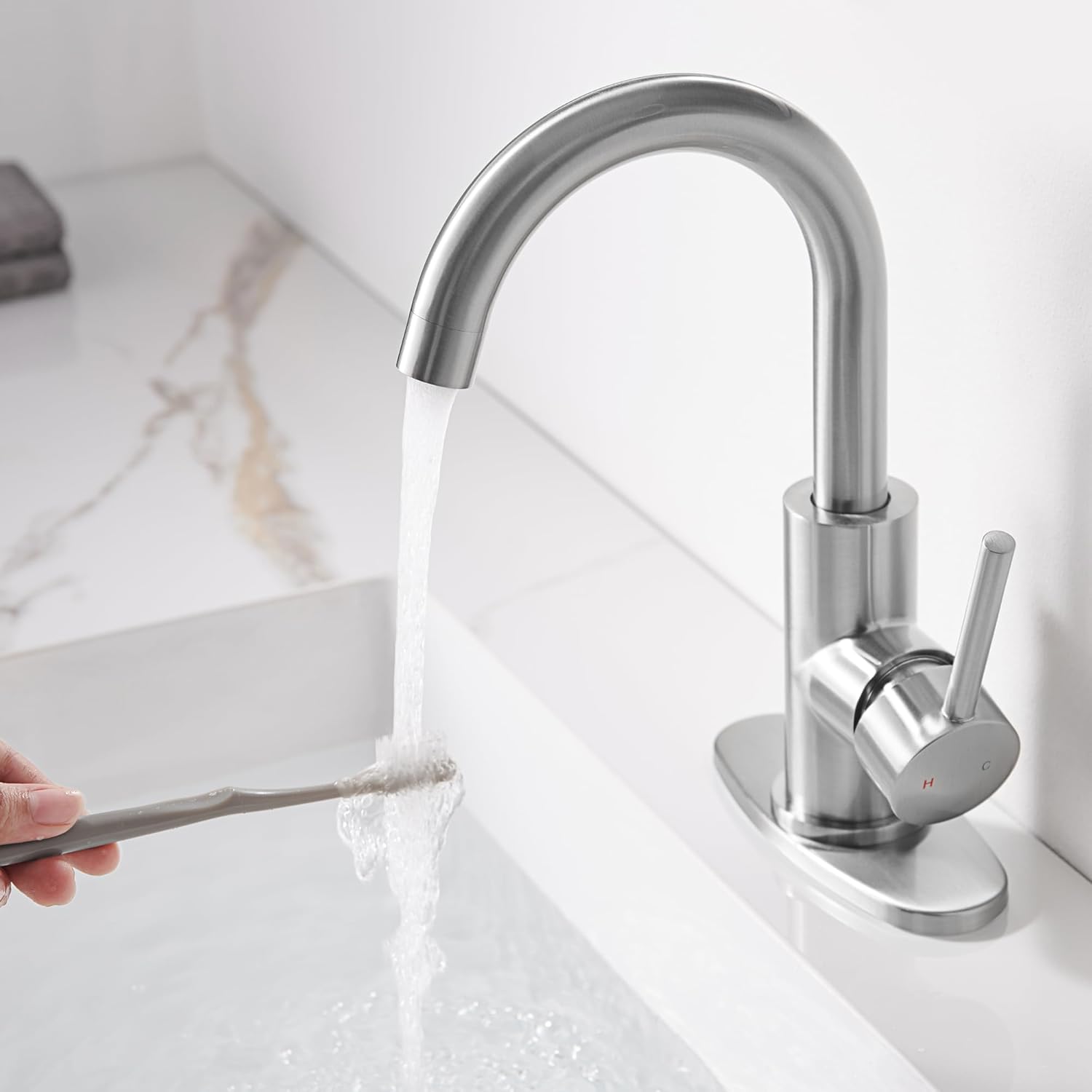 Brushed Nickel Bathroom Faucets 1 Hole - Waterfall Bathroom Sink Faucets Single Handle Vanity Faucet with Pop up Drain, Swivel Spout RV Faucets Small Bar Vanity Lavatory Bath Utility Faucet